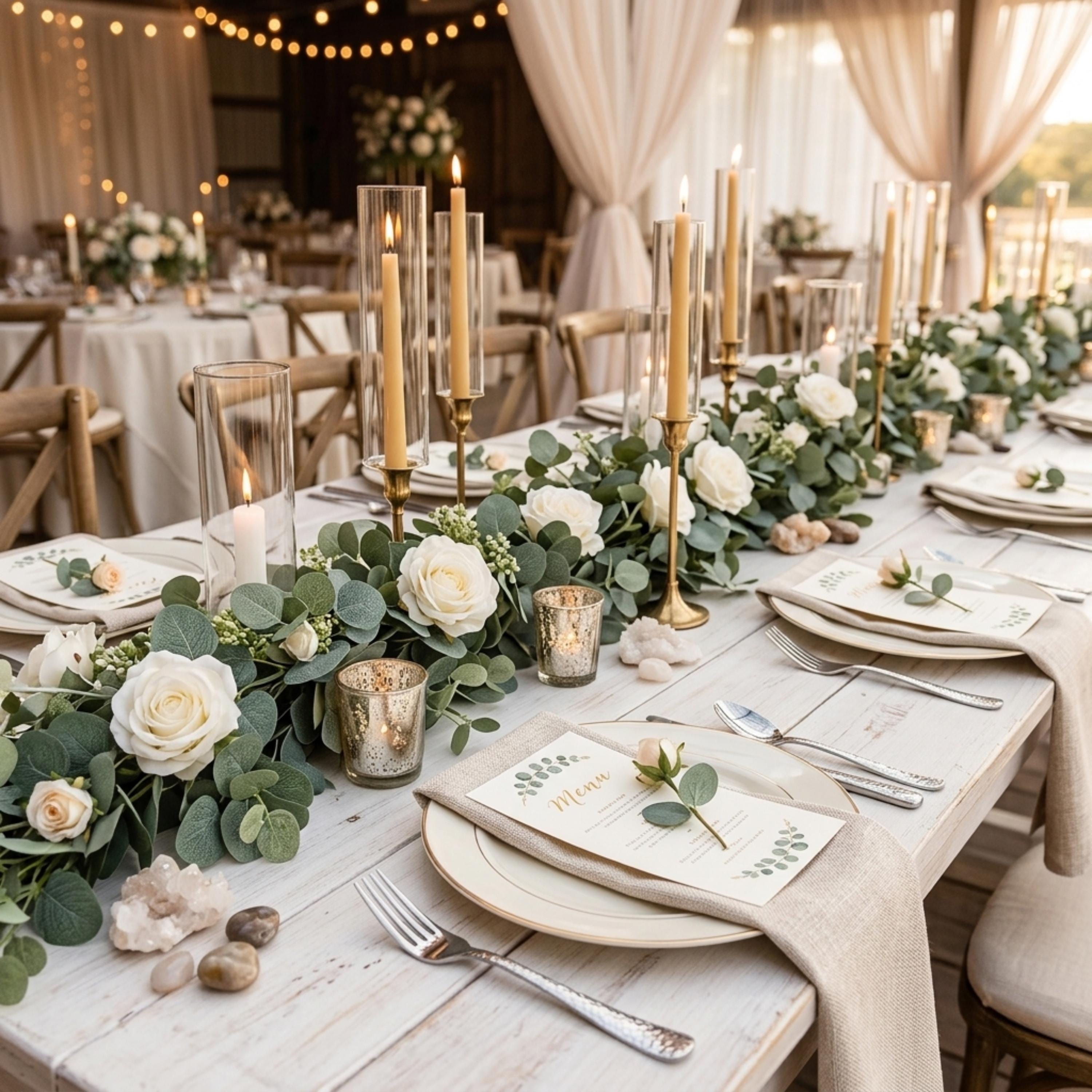 Lush eucalyptus garland table runner for romantic wedding reception decor
