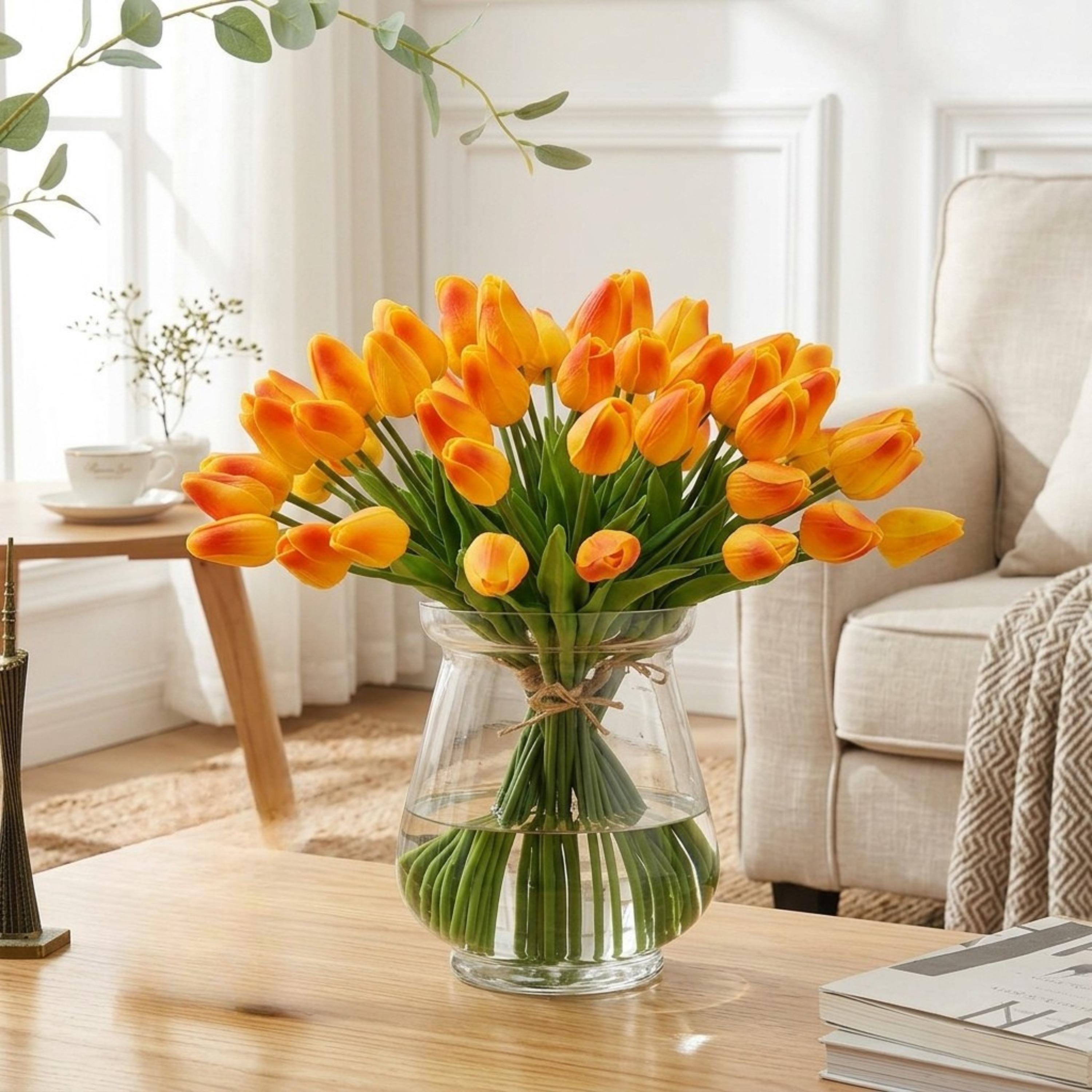 Orange Real Touch Tulip Bouquet, Set of 10 Stems, Artificial Spring Wedding Flowers, Faux Table Centerpiece Decor, Tulip Arrangement