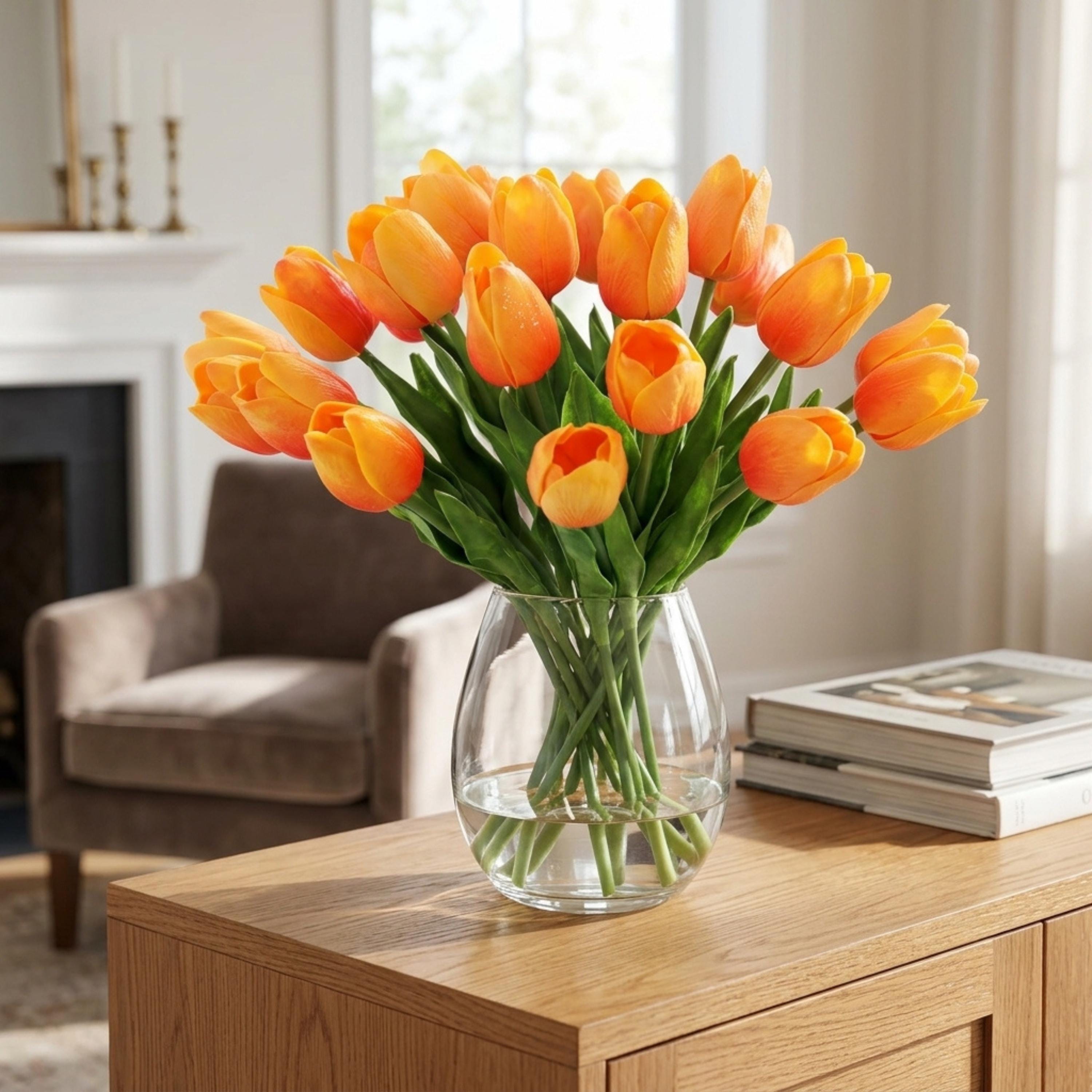 Orange Real Touch Tulip Bouquet, Set of 10 Stems, Artificial Spring Wedding Flowers, Faux Table Centerpiece Decor, Tulip Arrangement