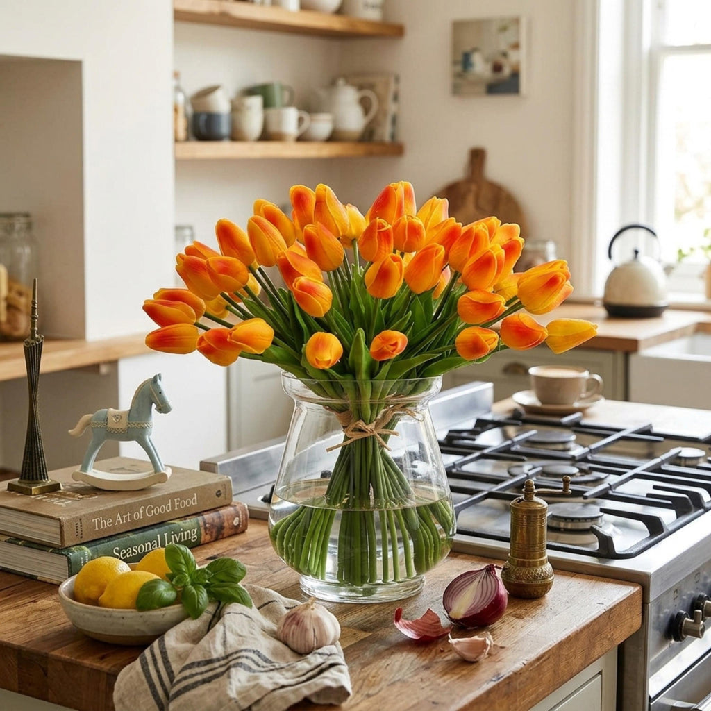 Orange Real Touch Tulip Bouquet, Set of 10 Stems, Artificial Spring Wedding Flowers, Faux Table Centerpiece Decor, Tulip Arrangement