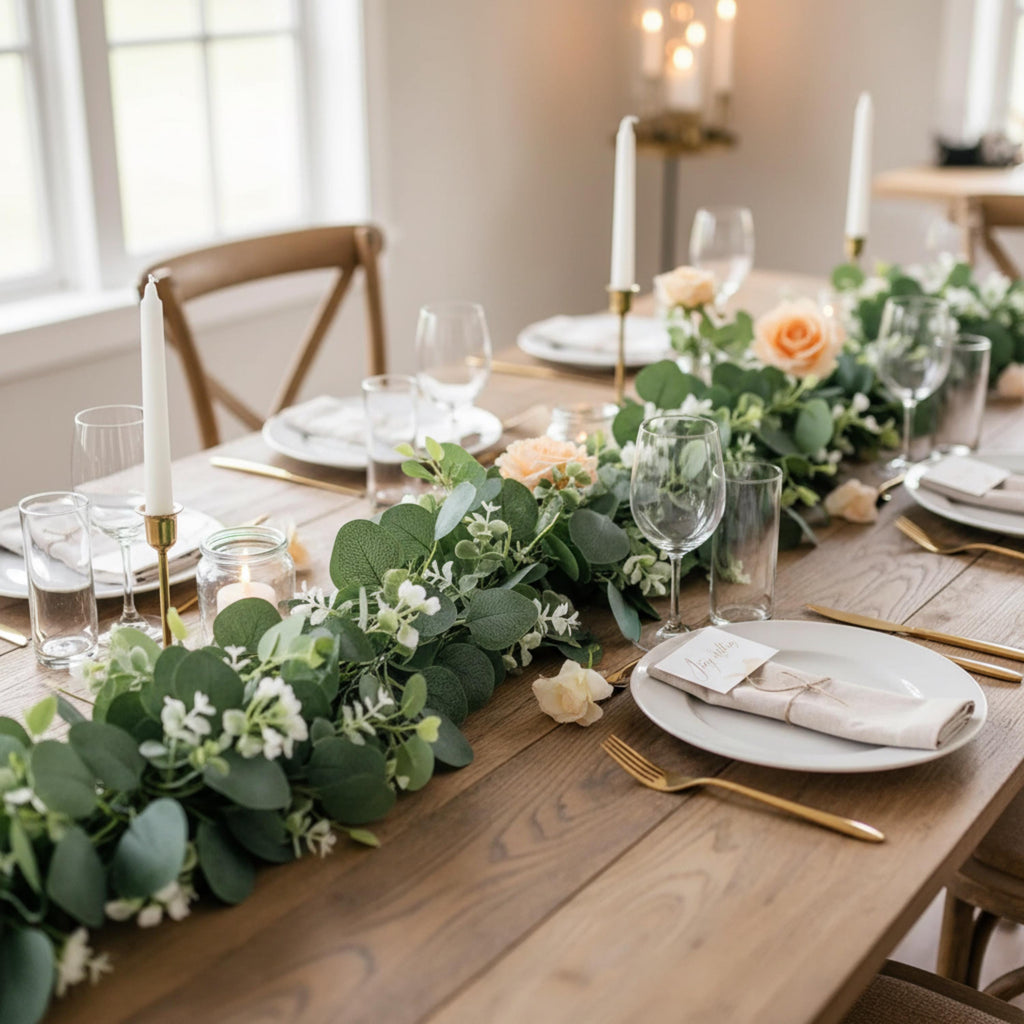 Artificial eucalyptus greenery garland with white flowers for reception table decor