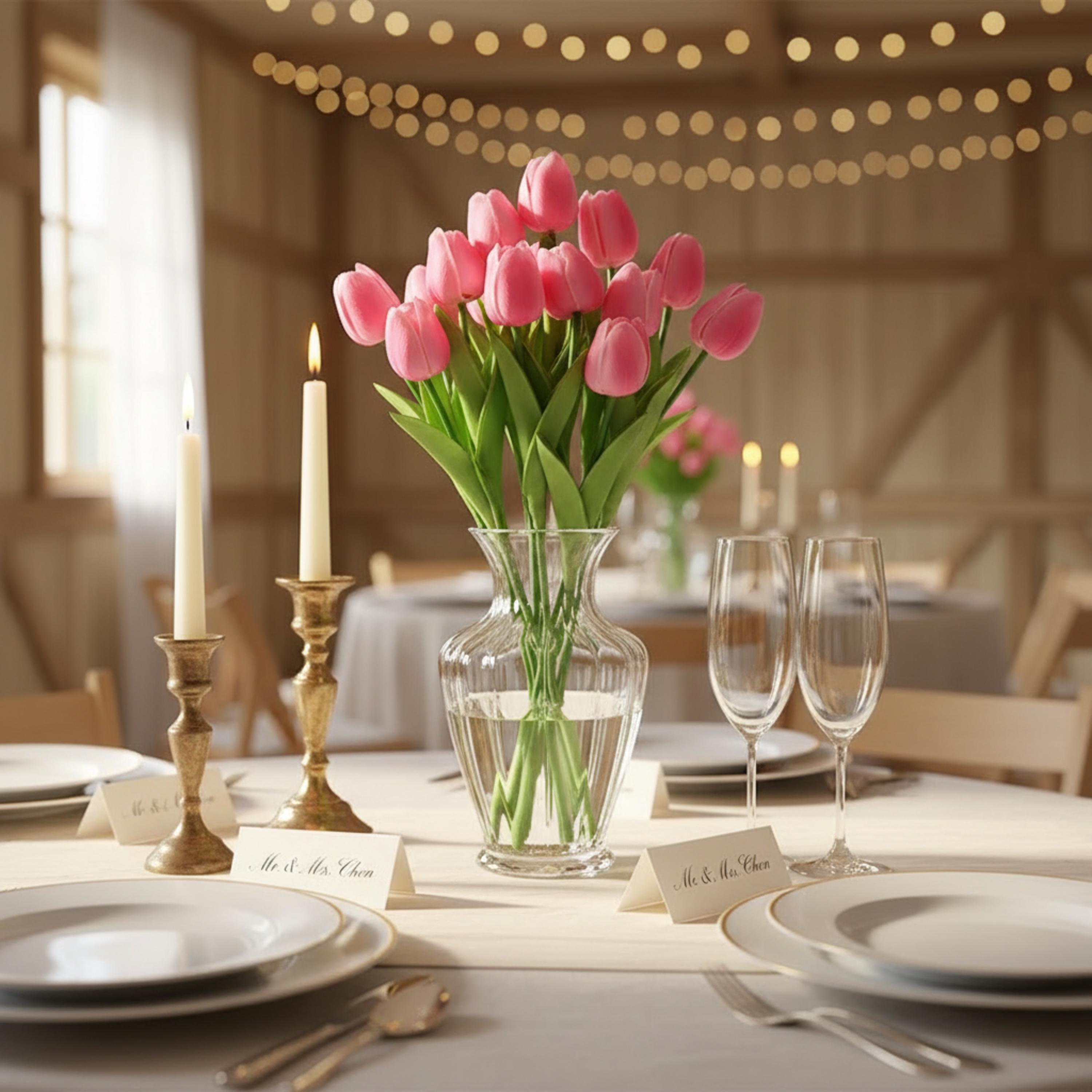 Real touch artificial tulips in a glass vase for wedding table decor