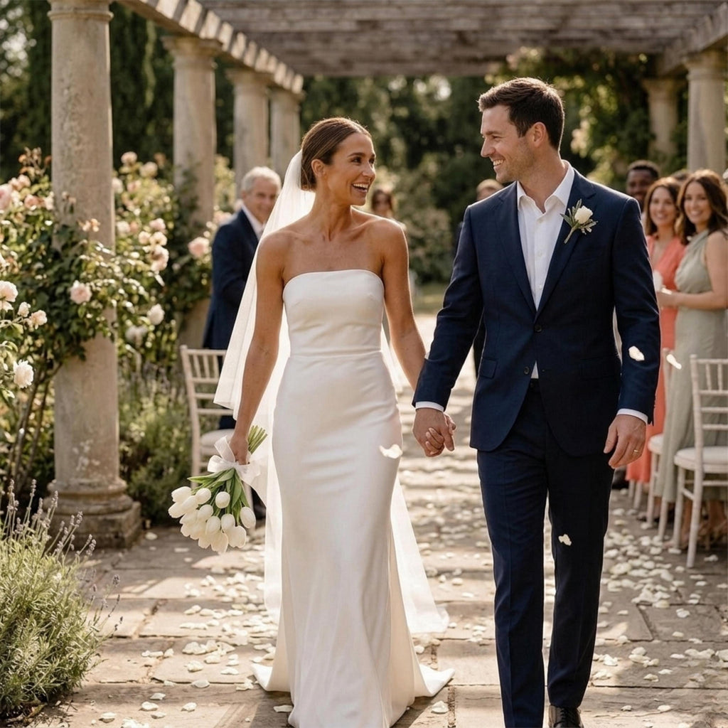 White tulip bridal bouquet styled with bride and groom for garden wedding ceremony