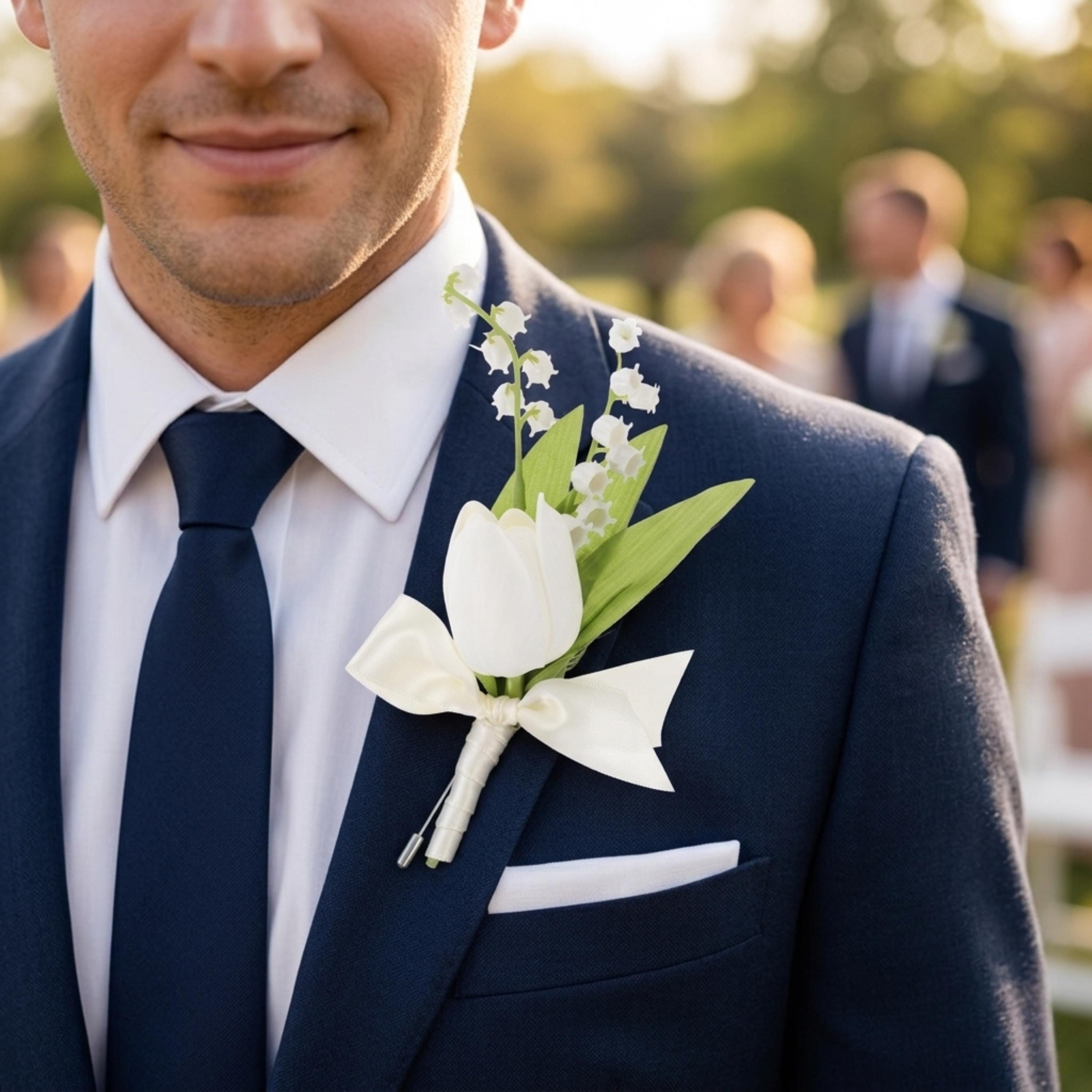 White tulip groom boutonniere for matching wedding floral accessory