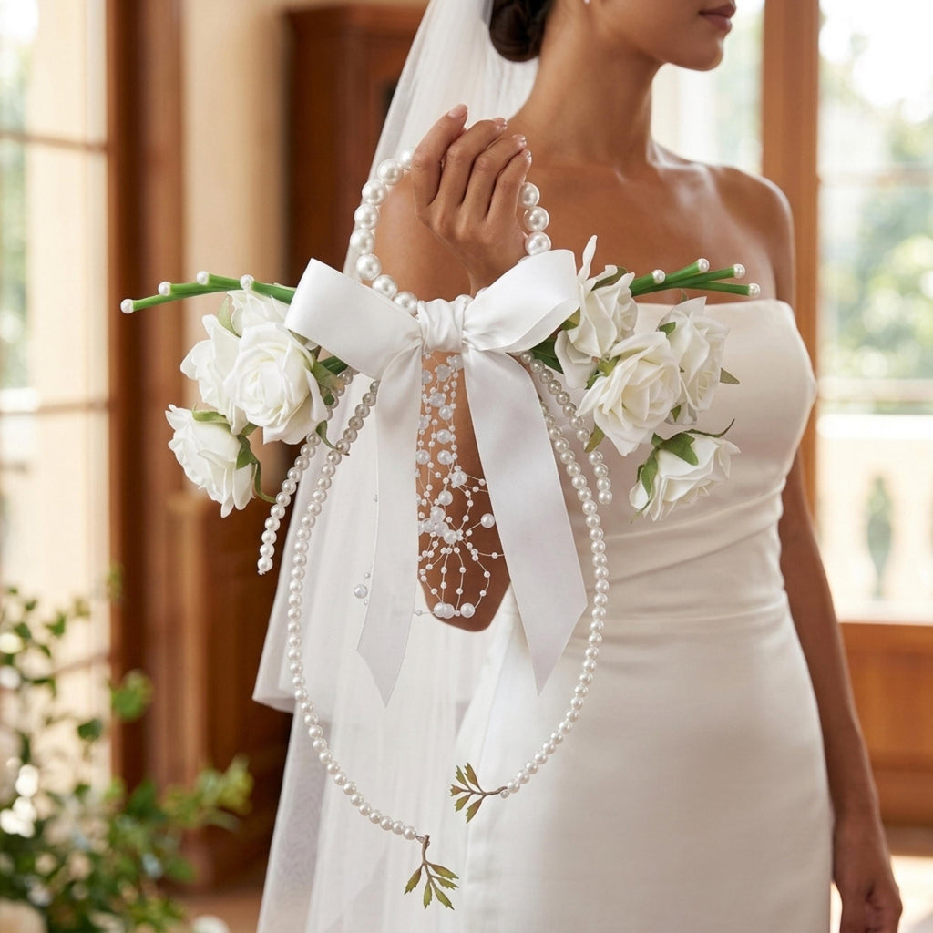 Pearl Handle Bridal Bouquet, White Rose Wedding Bouquet, Satin Bow Bride Flowers, Elegant Pearl Hoop Bouquet