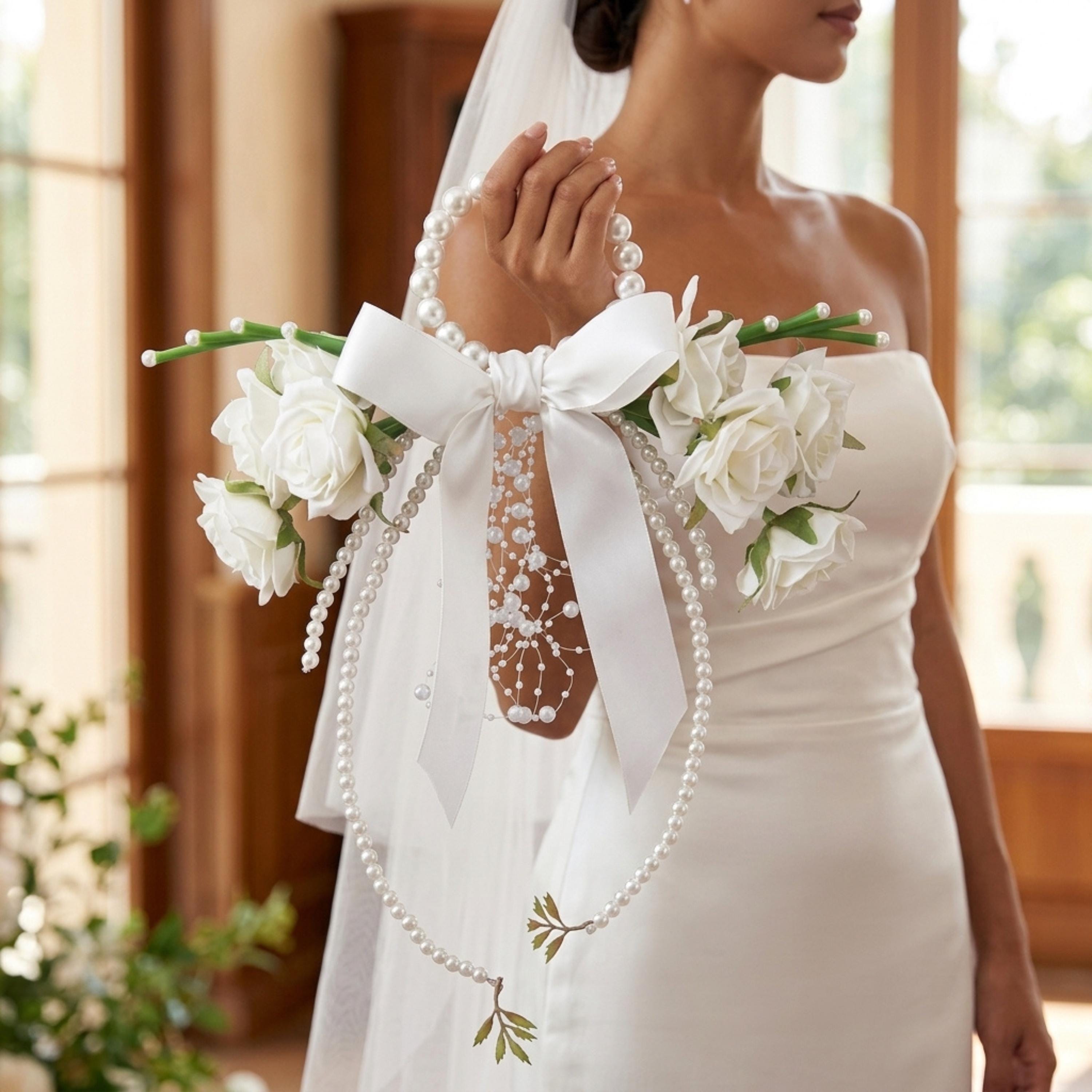 Pearl Handle Bridal Bouquet, White Rose Wedding Bouquet, Satin Bow Bride Flowers, Elegant Pearl Hoop Bouquet