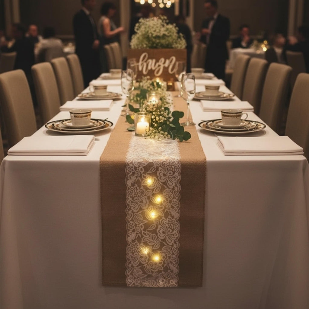 Console Table Runner | Burlap Lace Table Runner with LED Lights 