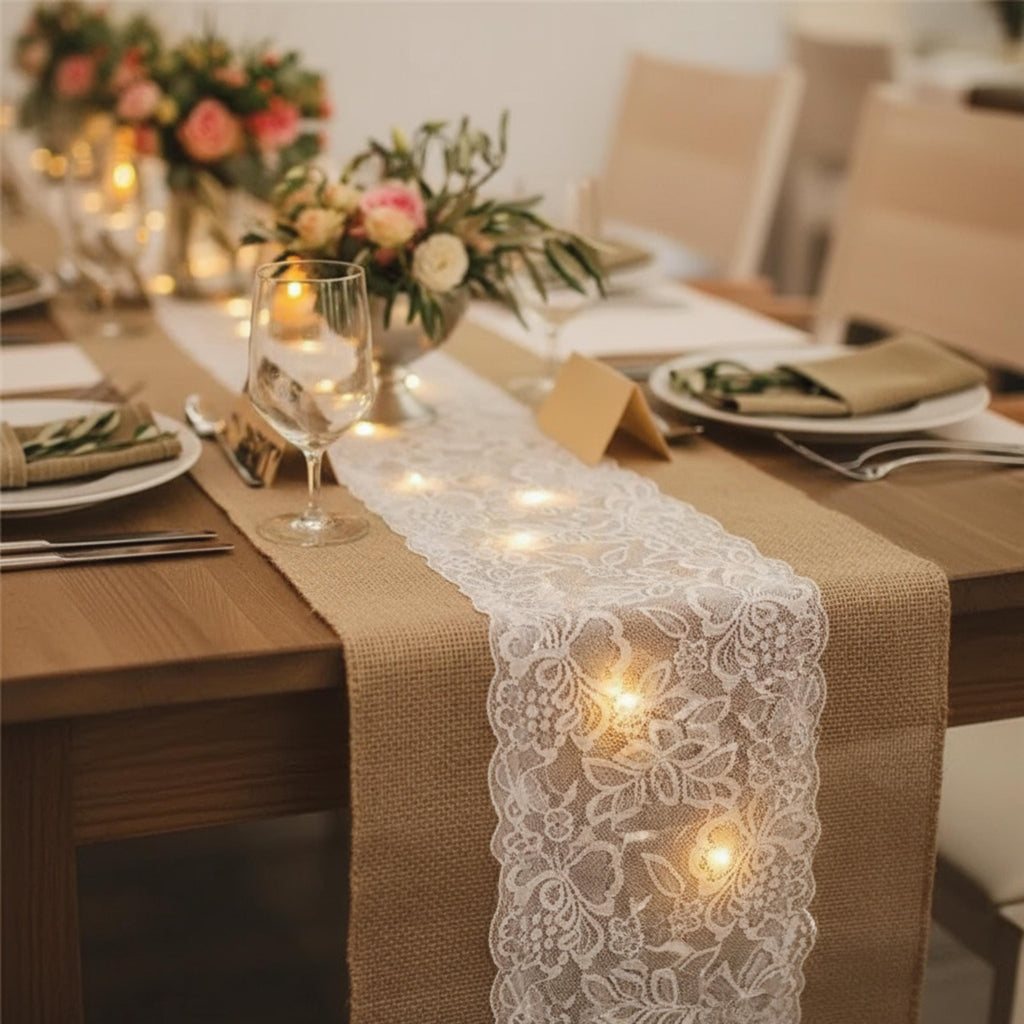 Console Table Runner | Burlap Lace Table Runner with LED Lights 