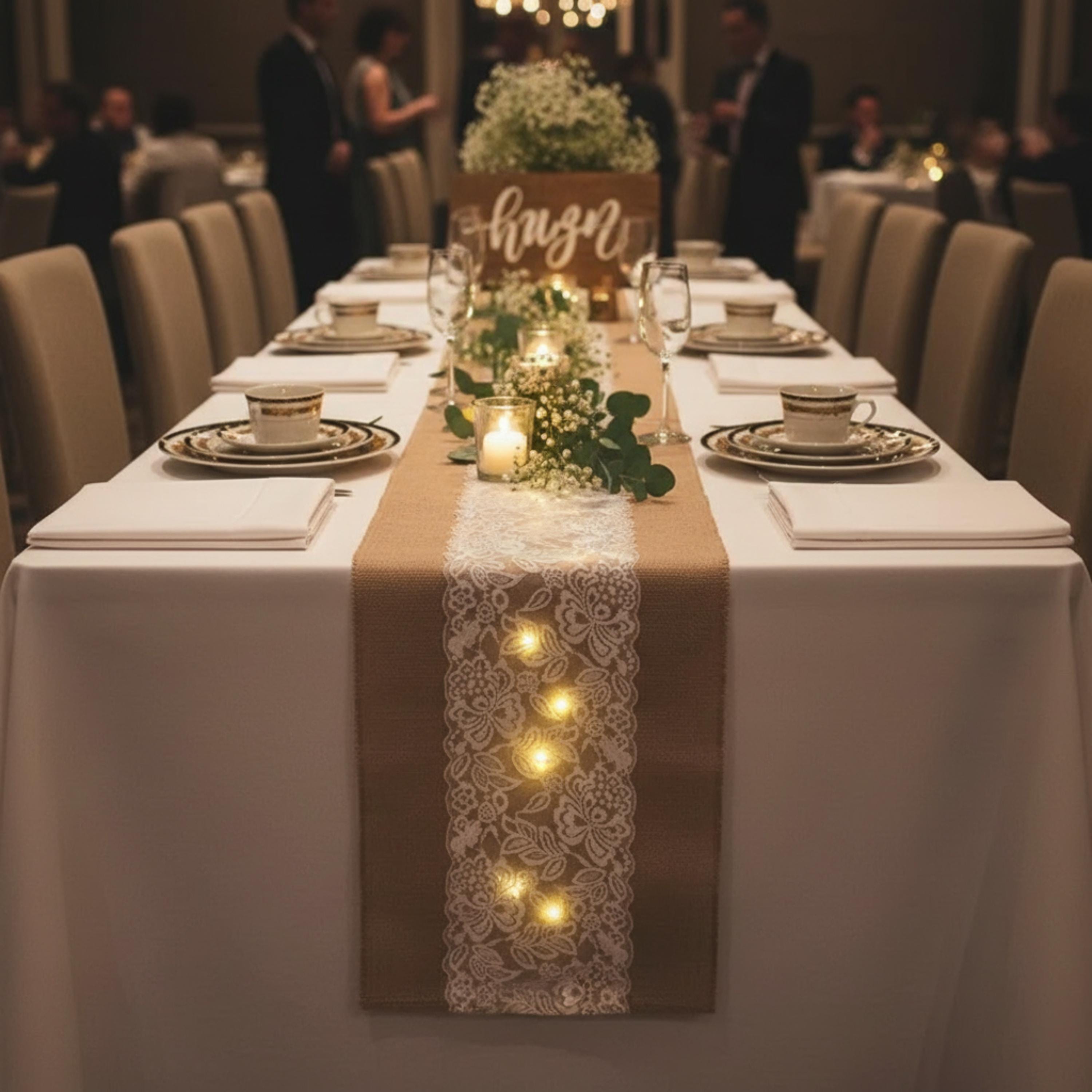 Console Table Runner | Burlap Lace Table Runner with LED Lights 