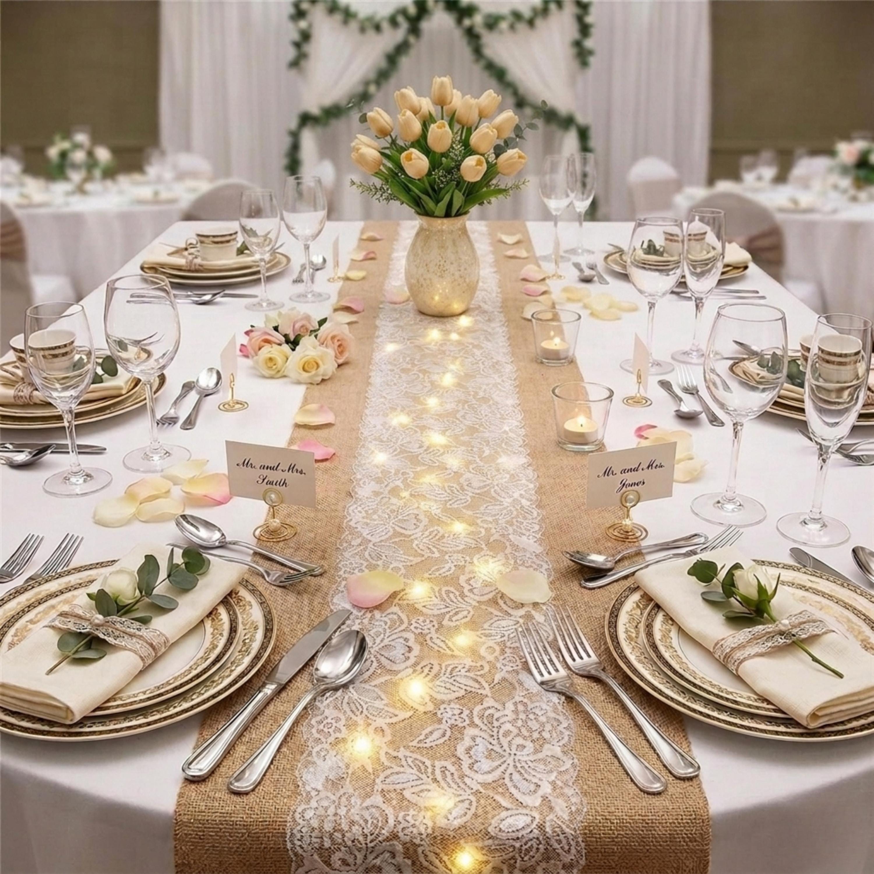 Console Table Runner | Burlap Lace Table Runner with LED Lights 