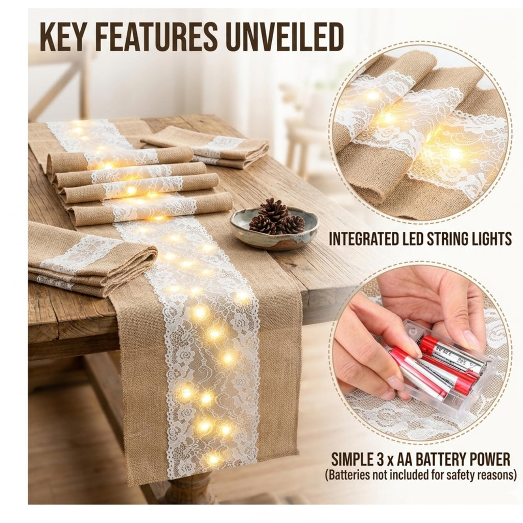 Console Table Runner | Burlap Lace Table Runner with LED Lights 