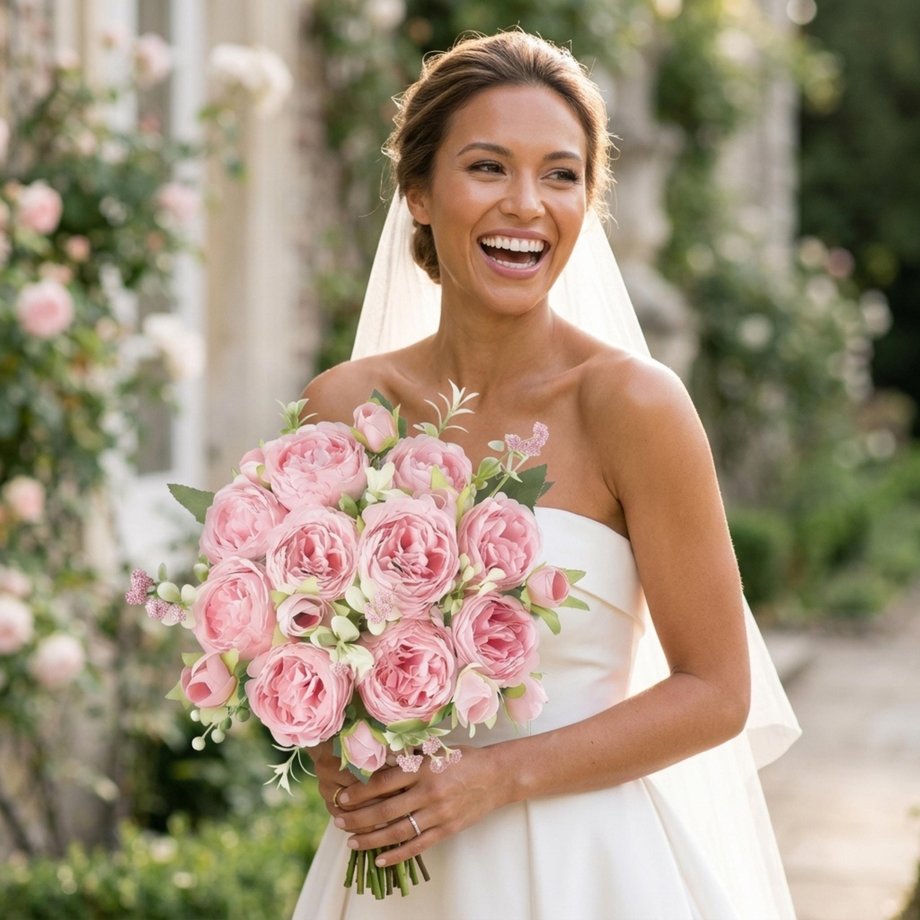 bride holding pink peony artificial wedding bouquet