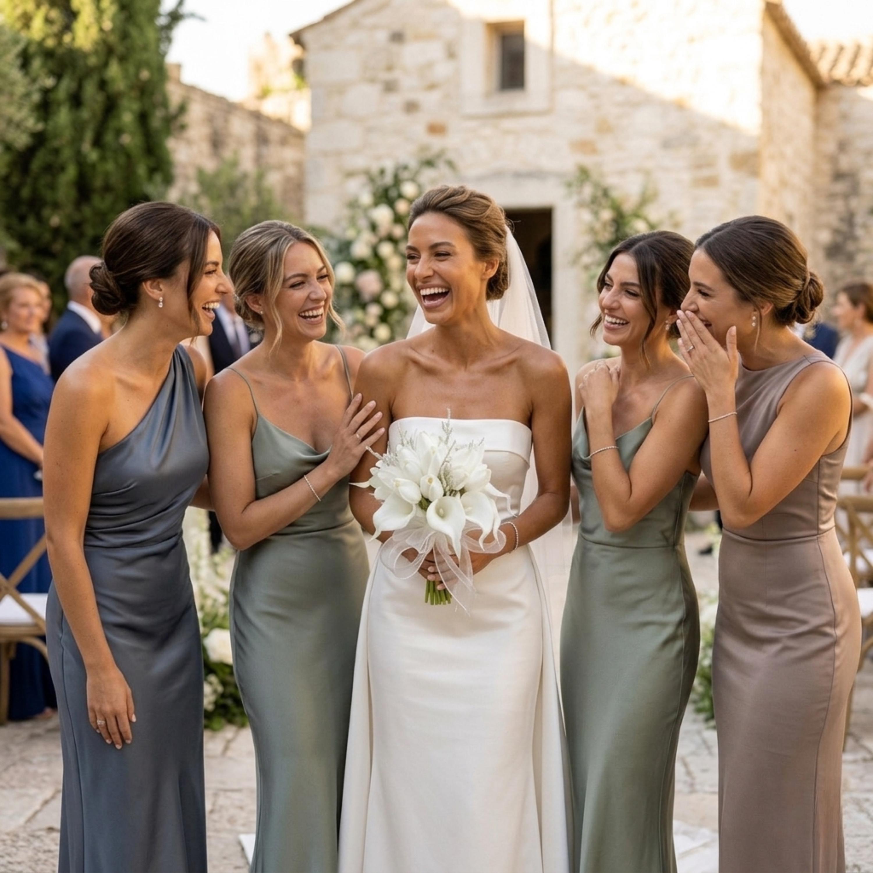 White bridal bouquet styled with bridesmaids for classic wedding portraits