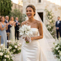 Bride holding white calla lily bridal bouquet with organza bow