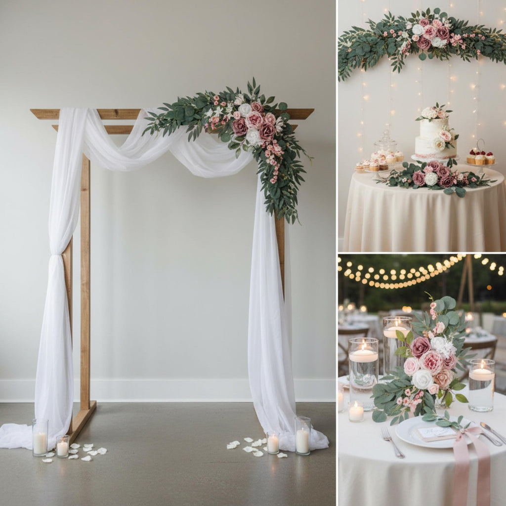 Wedding Corner Swag Set of 2 | Wedding Arch Swag Silk Roses | Floral Tiebacks | White Blush Navy Burgundy Purple Blue | Ceremony Arch Flower