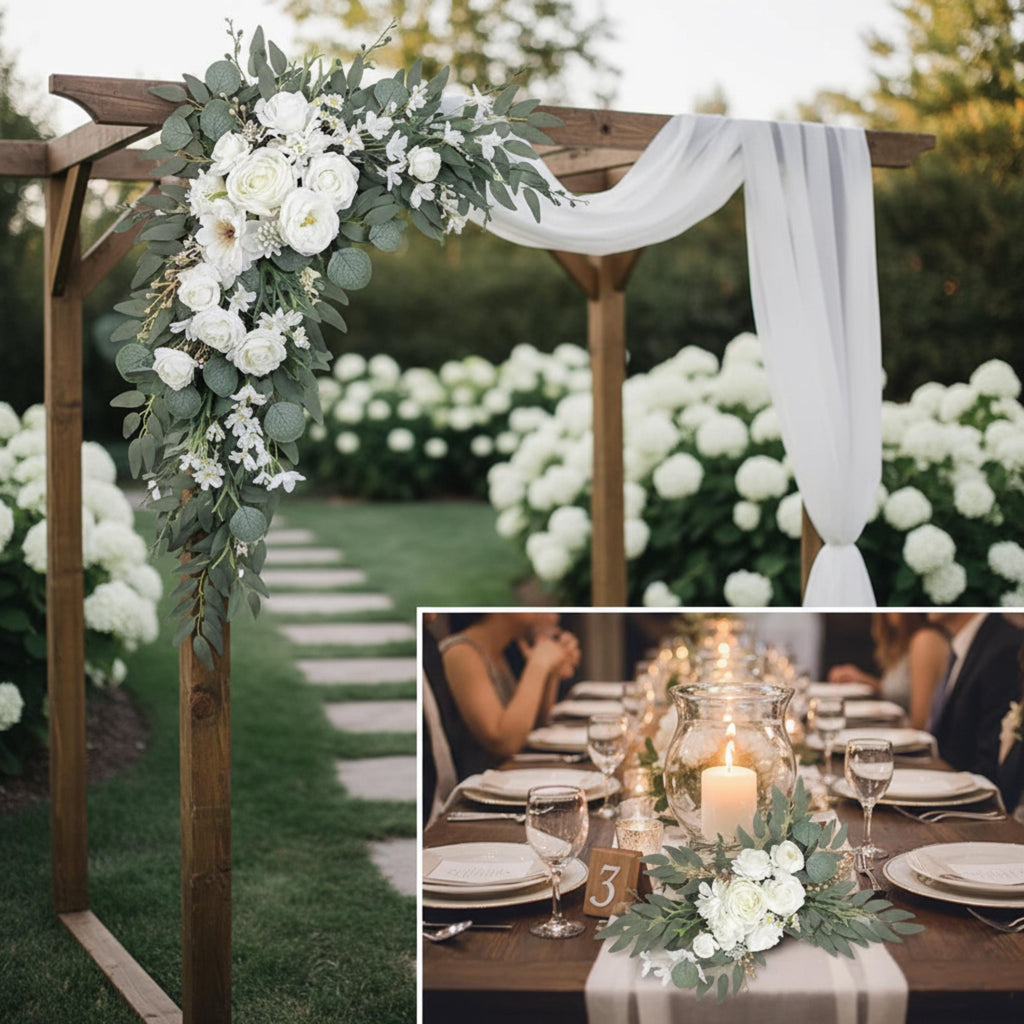 Wedding Corner Swag Set of 2 | Wedding Arch Swag Silk Roses | Floral Tiebacks | White Blush Navy Burgundy Purple Blue | Ceremony Arch Flower