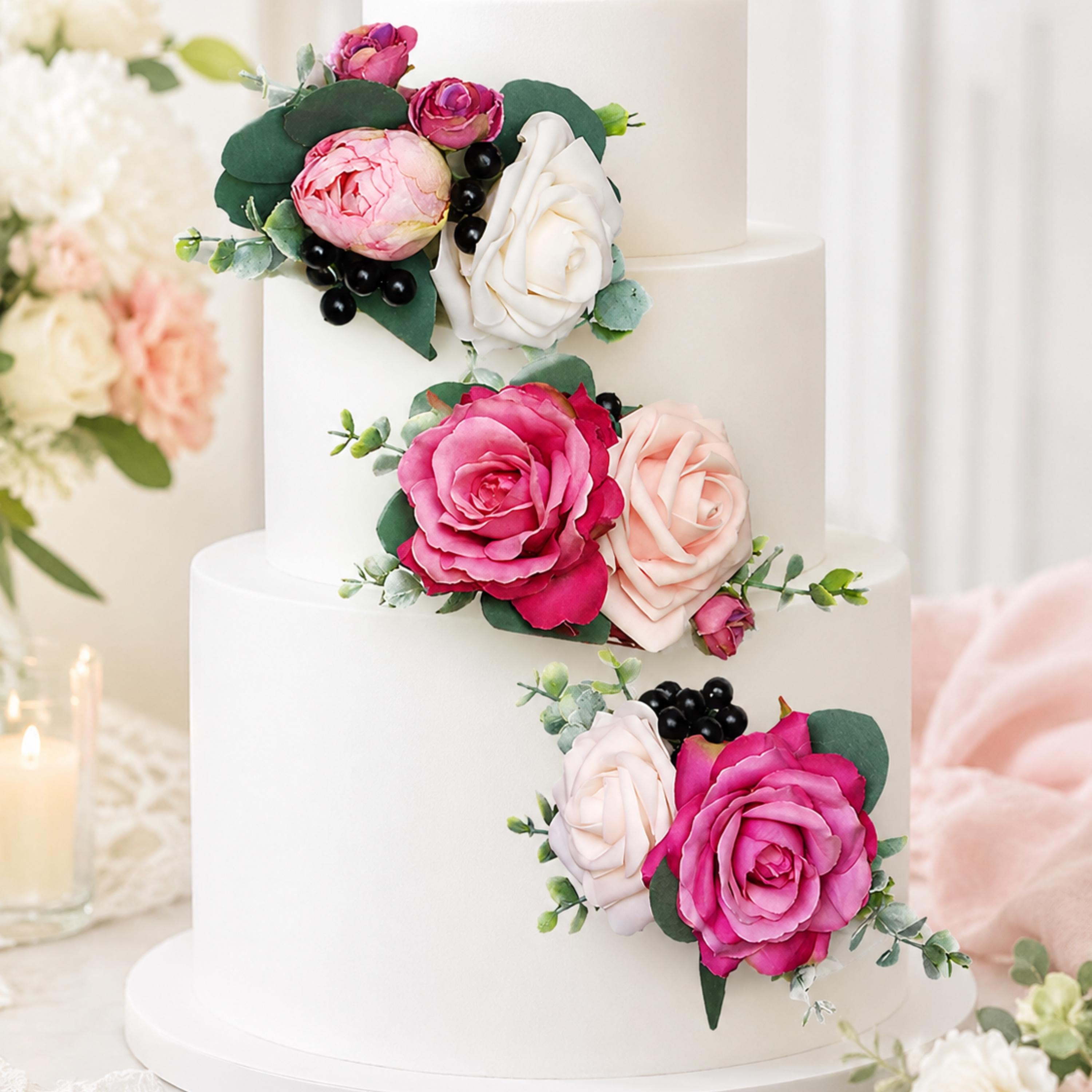 Set of 3 Berry Pink Wedding Cake Flowers, Pre Made Cake Toppers, Romantic Pink Cake Decoration, Bridal Shower Decor