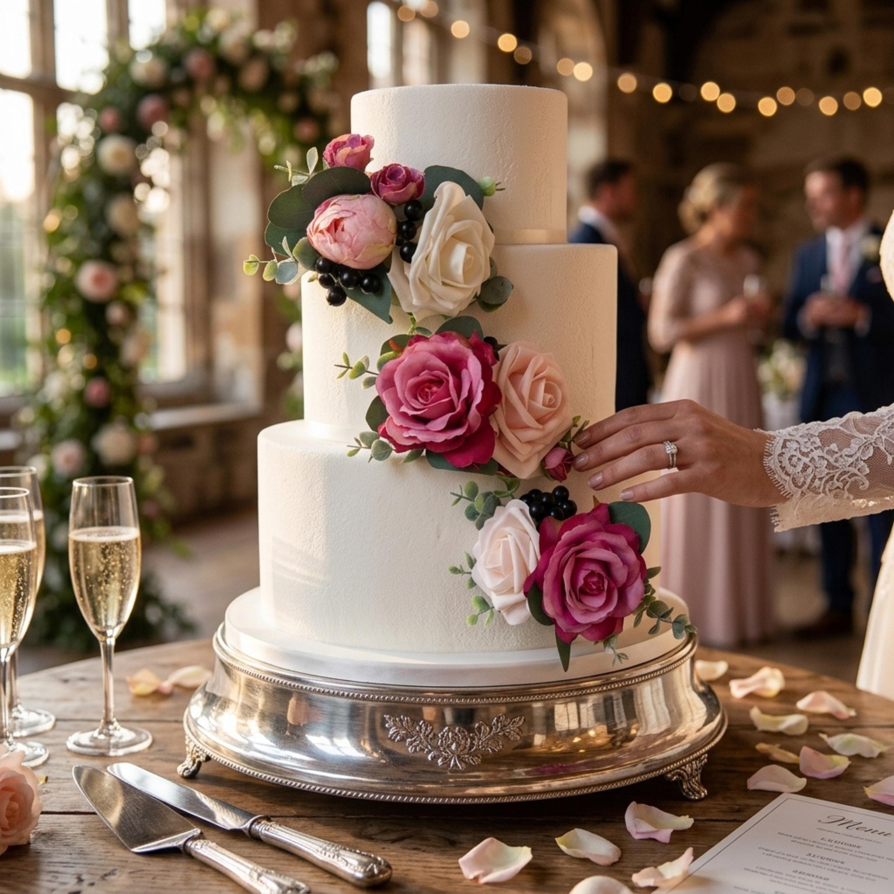 Berry pink faux wedding cake flowers set of 3 styled on a white tiered cake