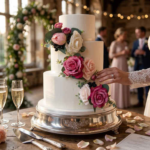 Berry pink faux wedding cake flowers set of 3 styled on a white tiered cake