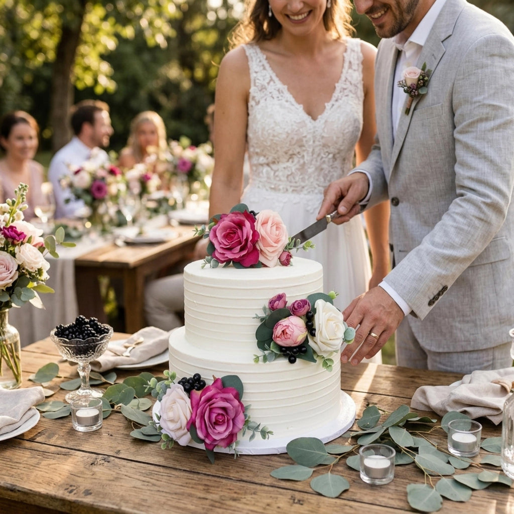 Wedding cake decorated with berry pink floral cake toppers for romantic reception decor