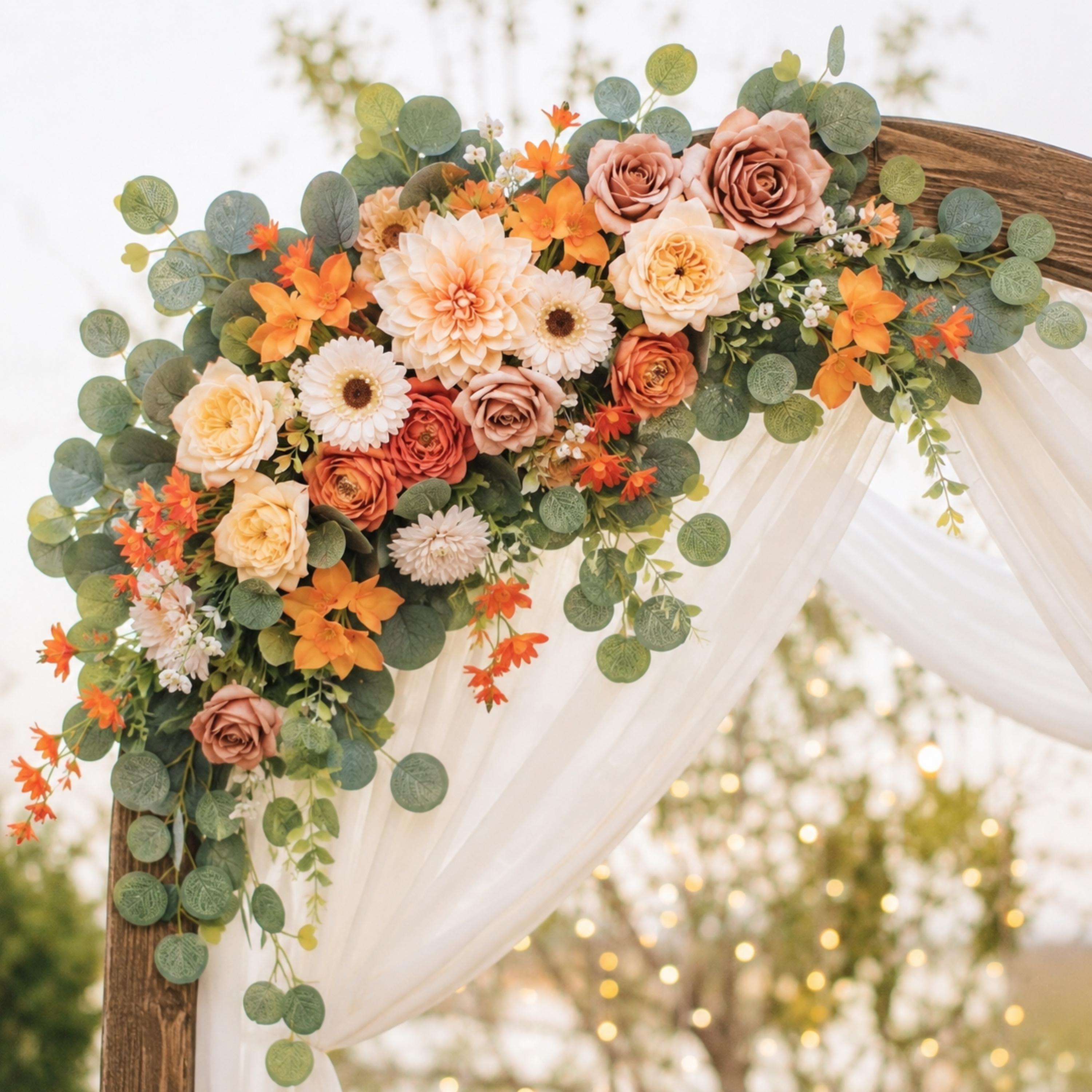 Artificial peach floral swag styled on a wedding arch with cream flowers and eucalyptus greenery
