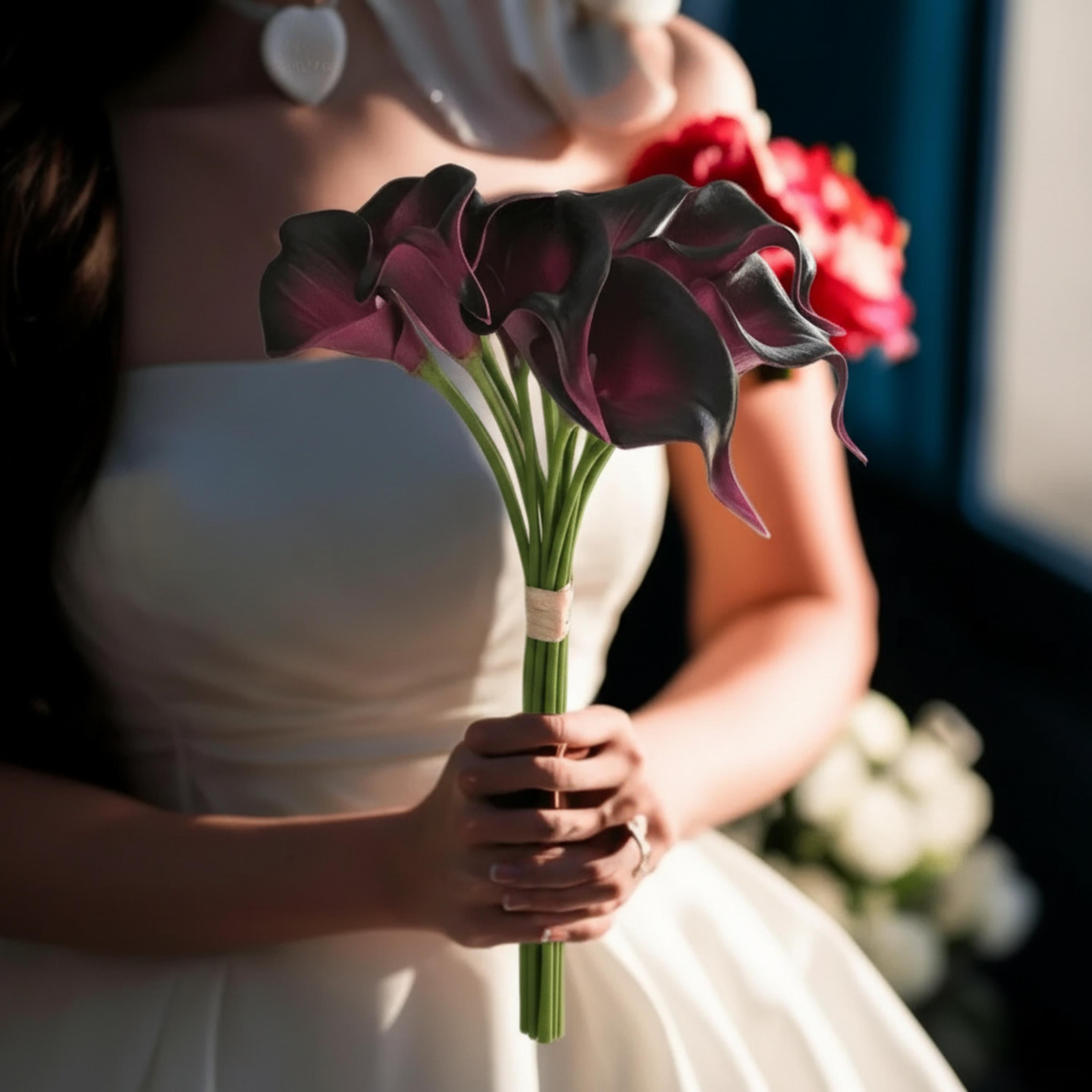 Deep purple faux calla lily bouquet for romantic wedding styling and bridesmaid flowers
