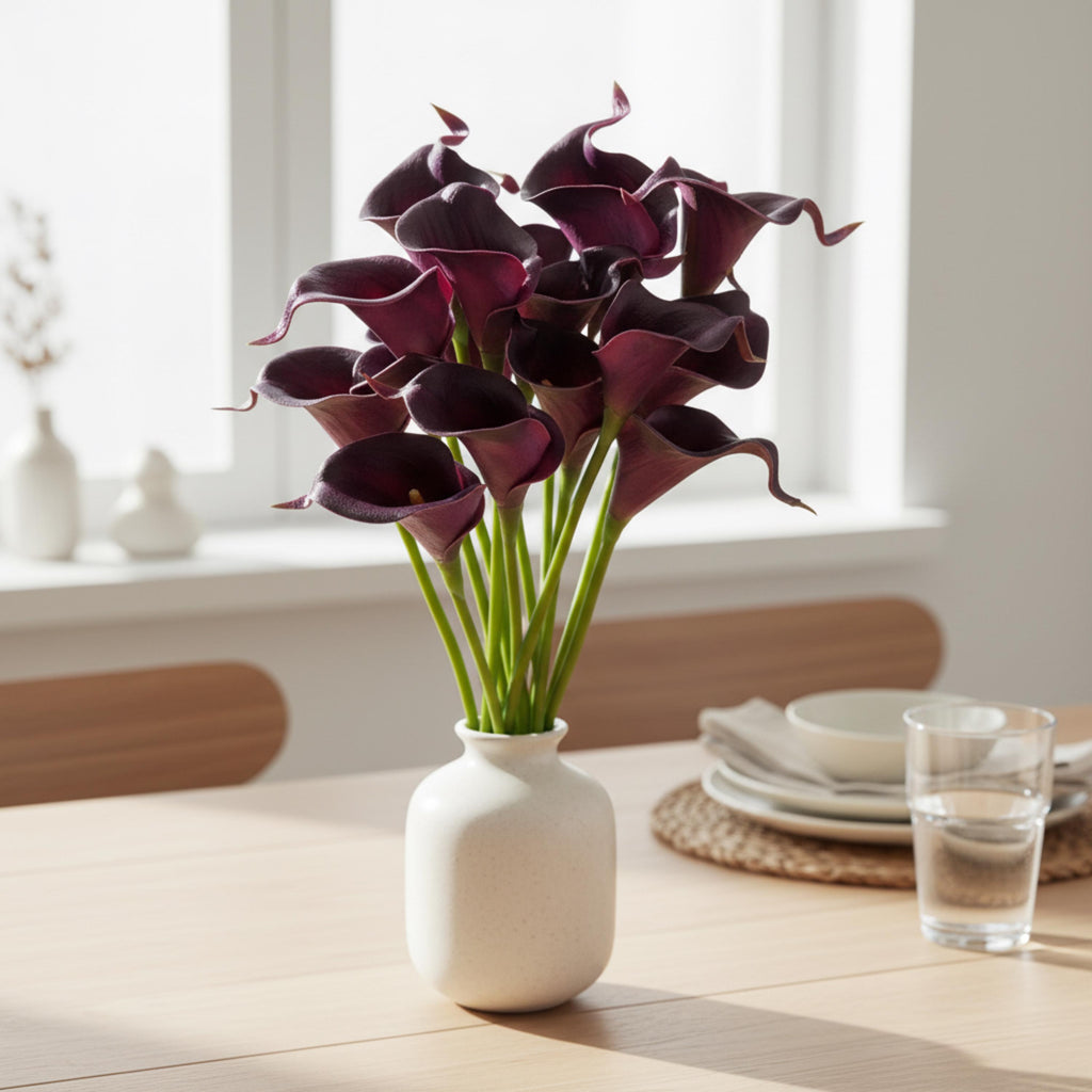 Artificial calla lily stems arranged in a vase for wedding centerpiece and home decor