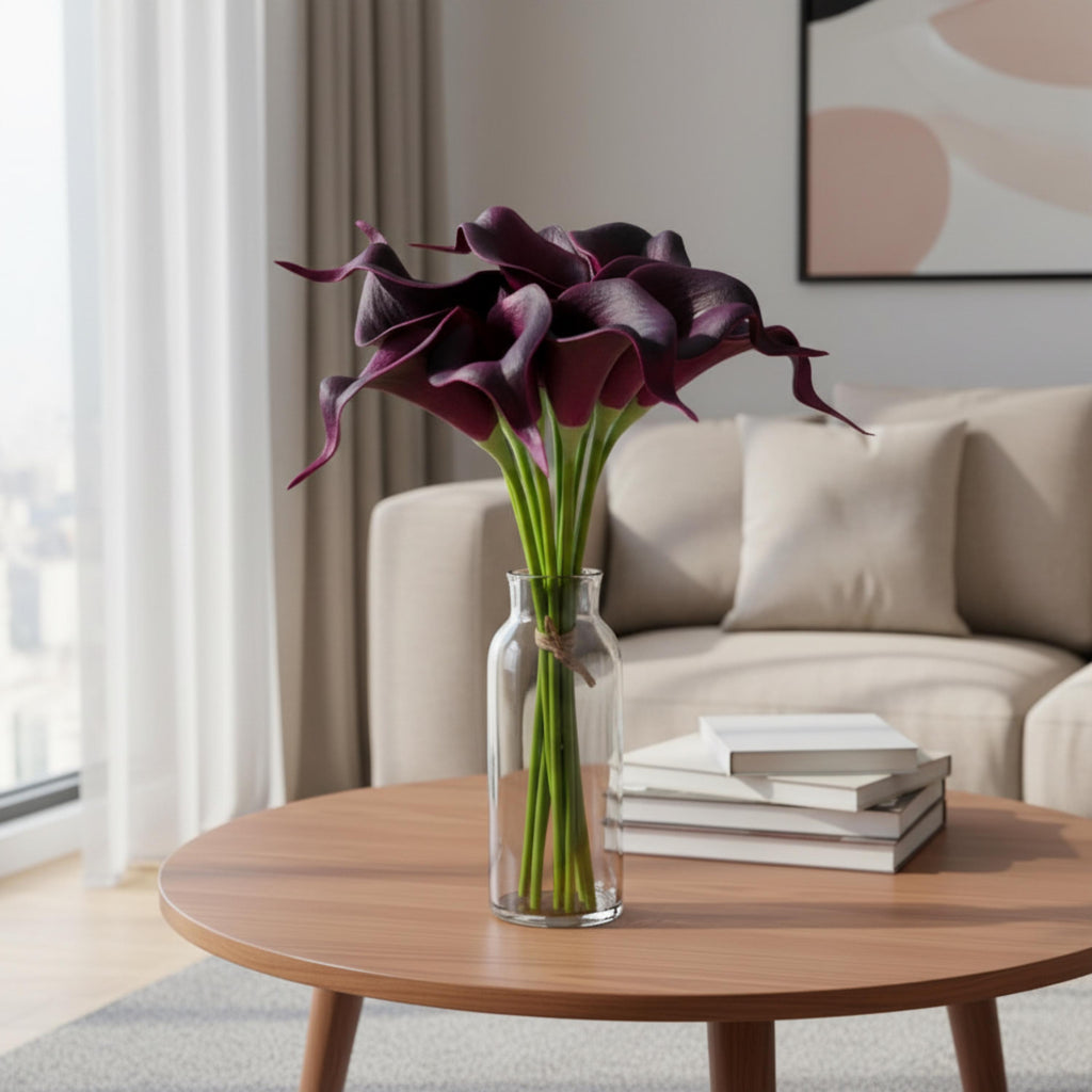 Deep purple artificial calla lily flowers in vase for elegant home and event styling