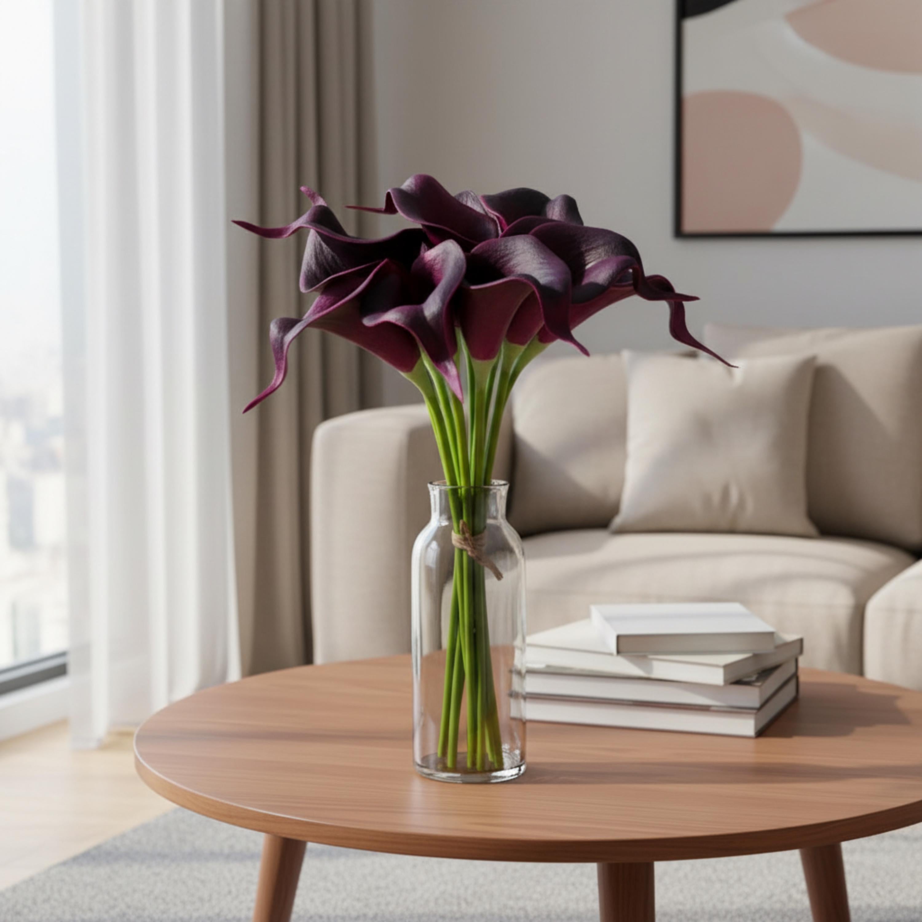 Deep purple artificial calla lily flowers in vase for elegant home and event styling