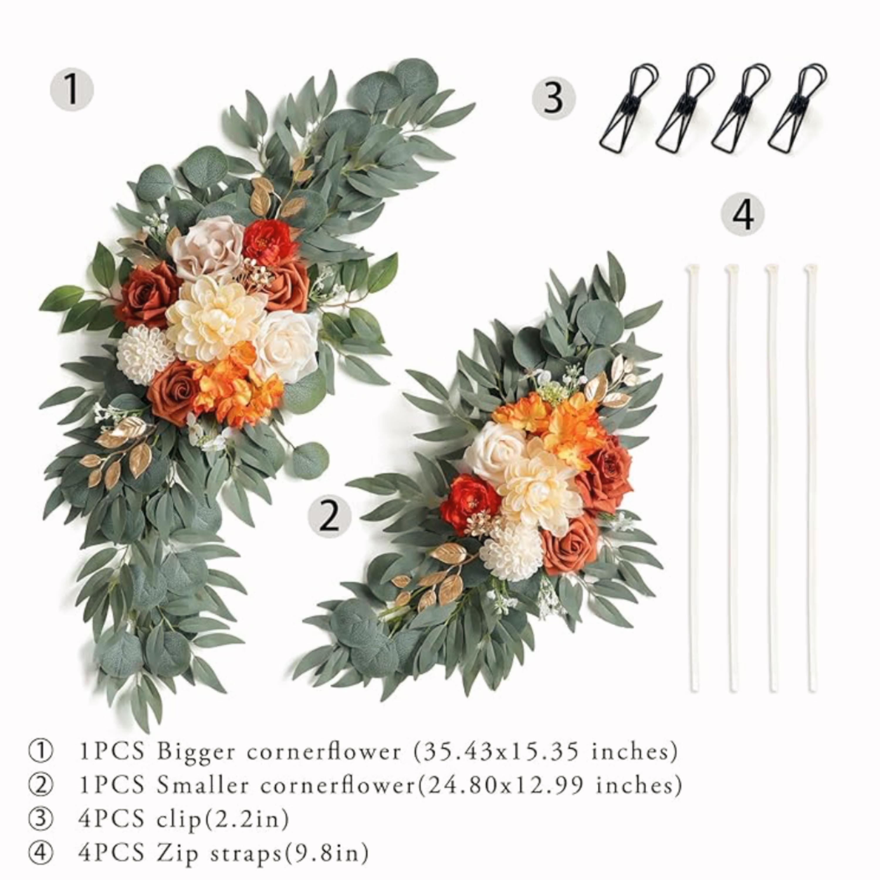 Artificial floral swag set for wedding arches with clips, zip ties, and terracotta flowers
