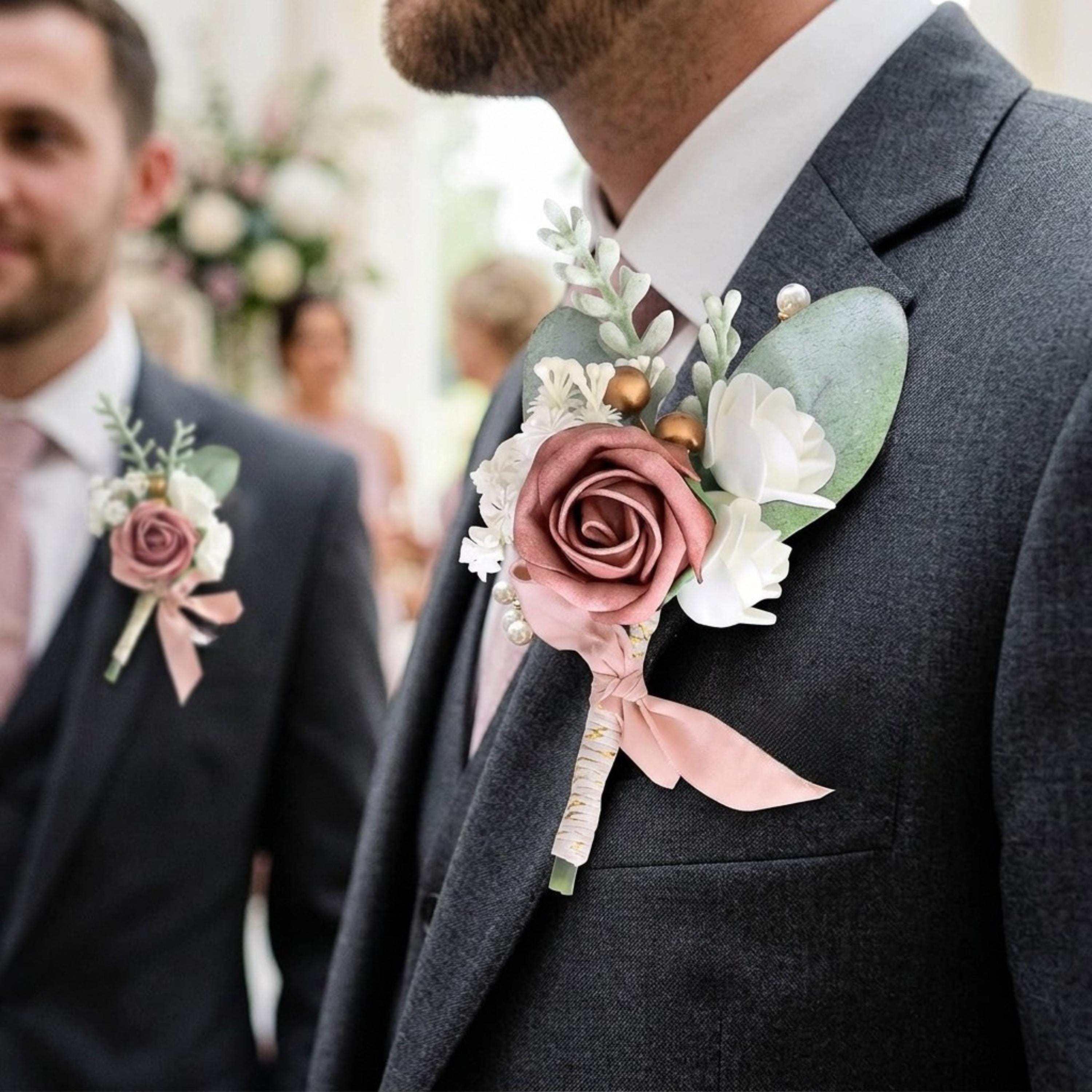 dusty pink wedding boutonnieres with artificial rose flowers