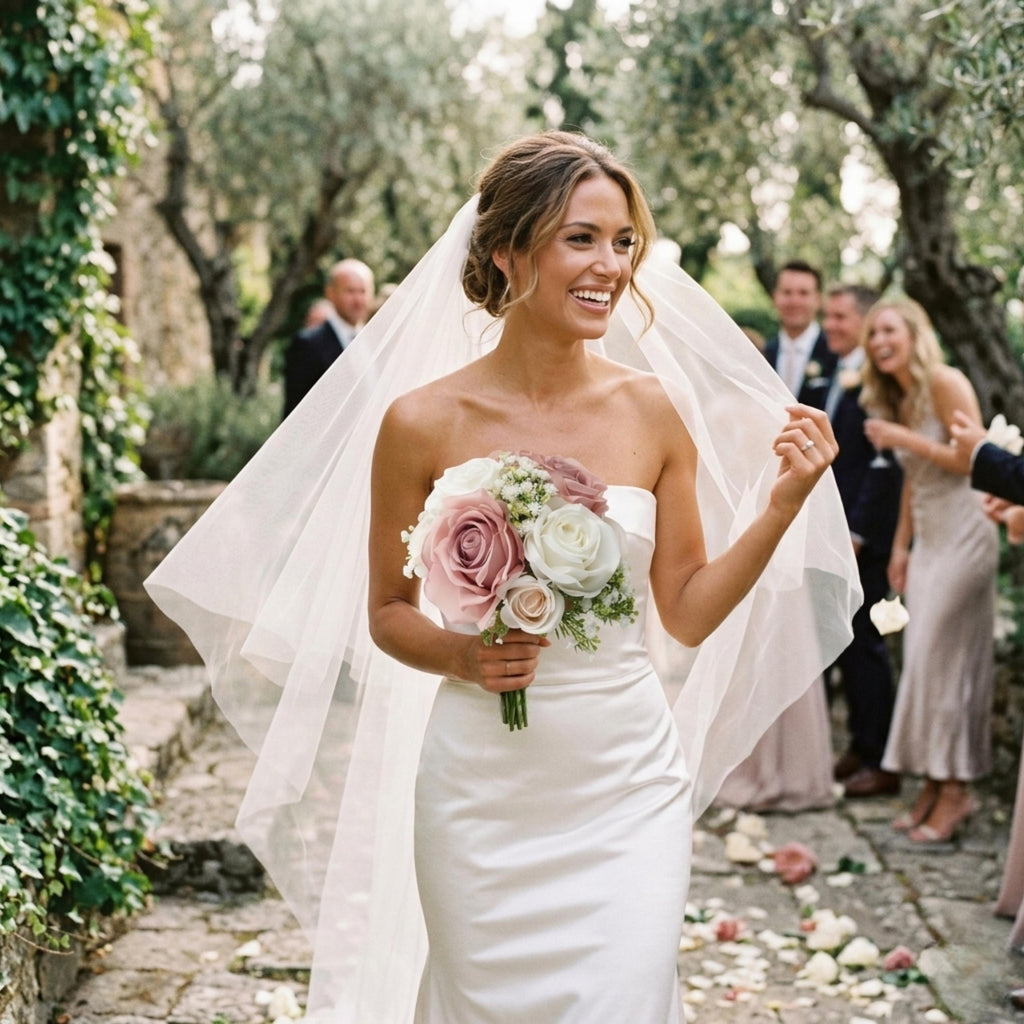 bride holding dusty pink and ivory artificial wedding bouquet