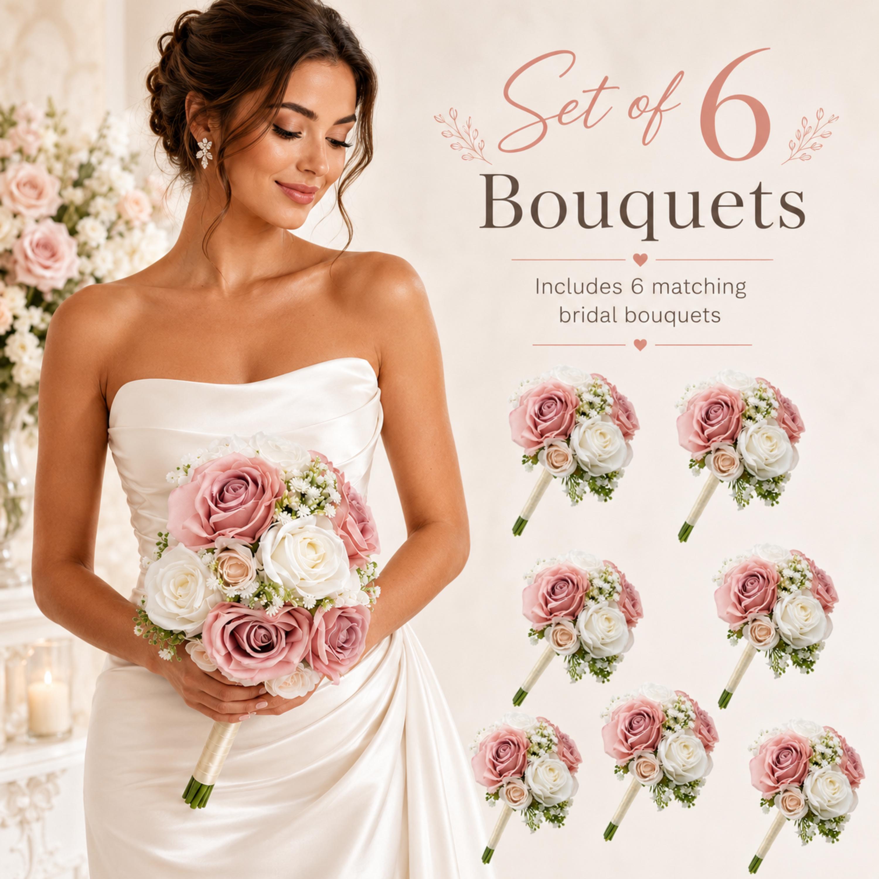Set of 2 Dusty Pink Bridesmaid Bouquets, Artificial Rose Wedding Flowers, Blush Ivory Bridal Party Bouquets