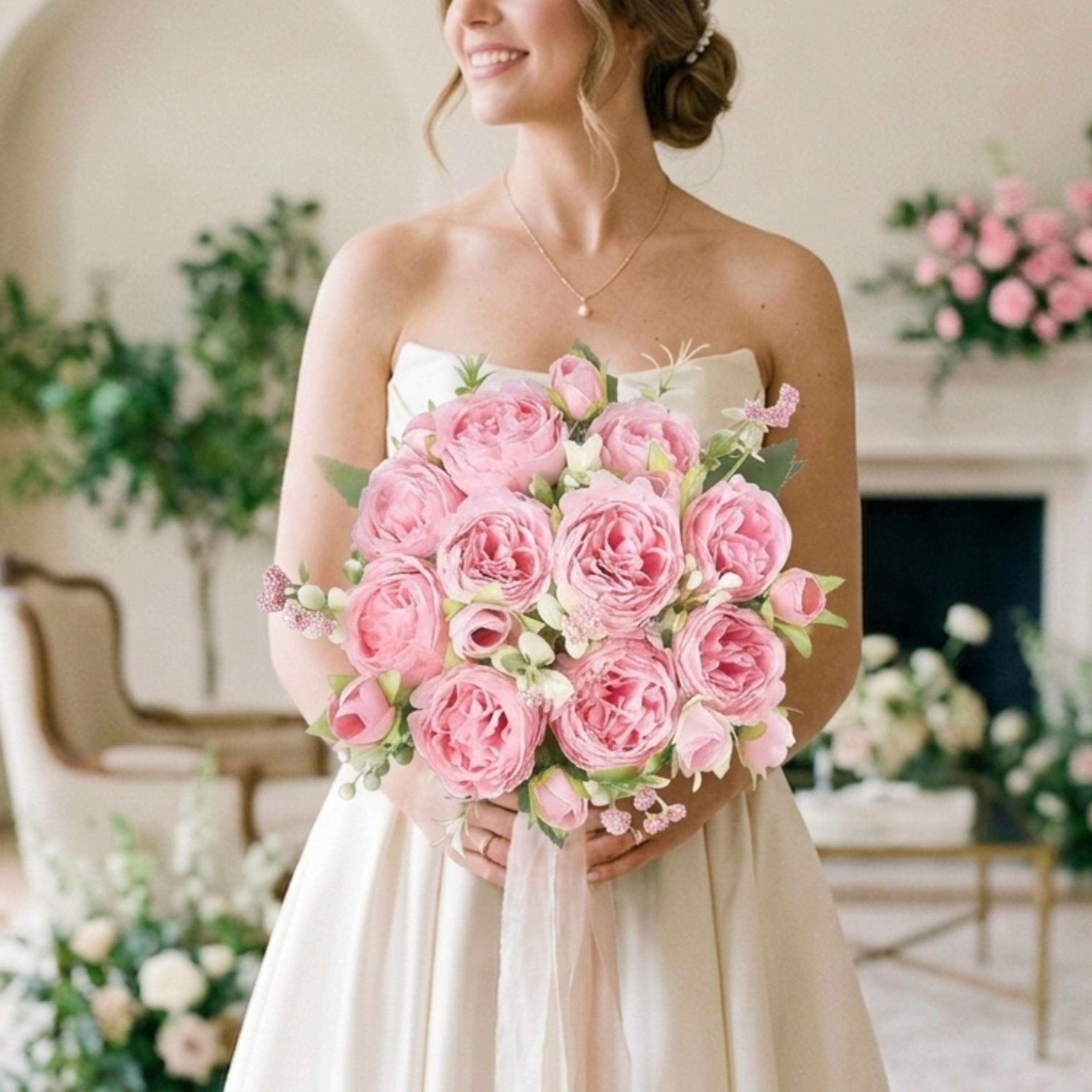Pink Peony Bouquet, Artificial Silk Flowers 