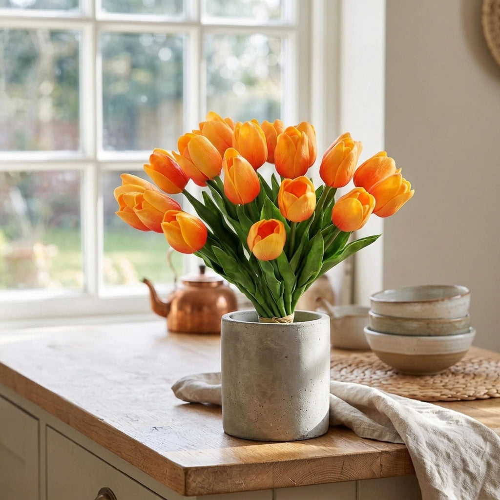 Orange Real Touch Tulip Bouquet, Set of 10 Stems, Artificial Spring Wedding Flowers, Faux Table Centerpiece Decor, Tulip Arrangement