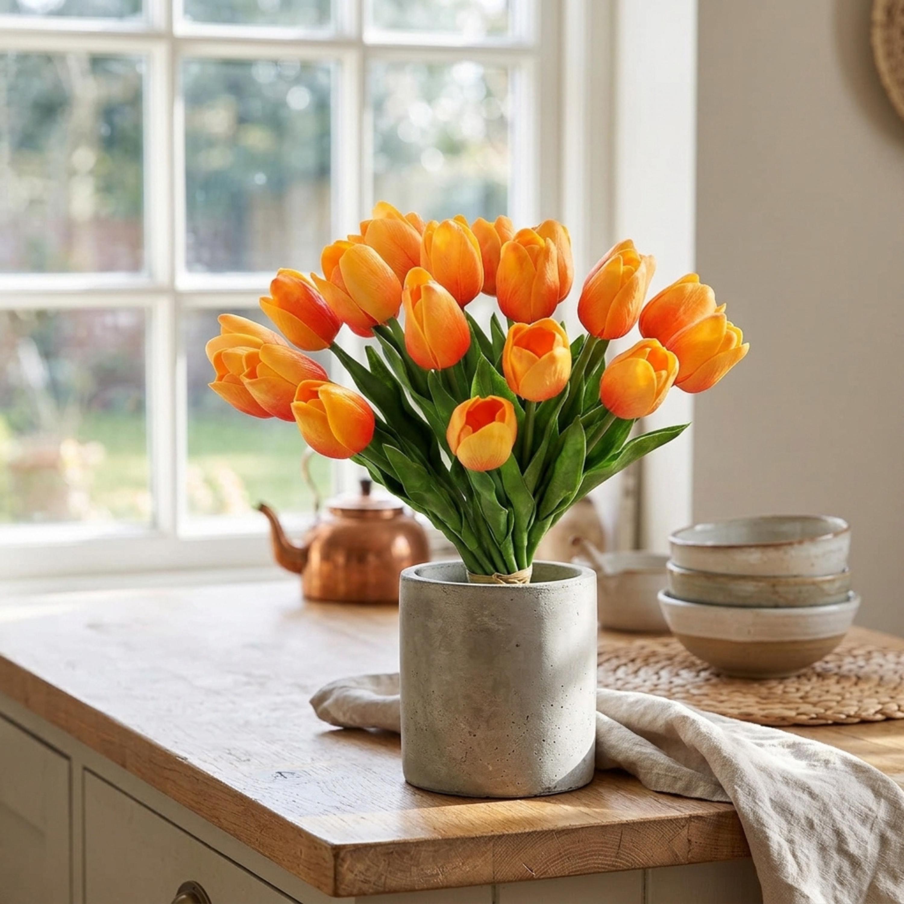 Orange Real Touch Tulip Bouquet, Set of 10 Stems, Artificial Spring Wedding Flowers, Faux Table Centerpiece Decor, Tulip Arrangement