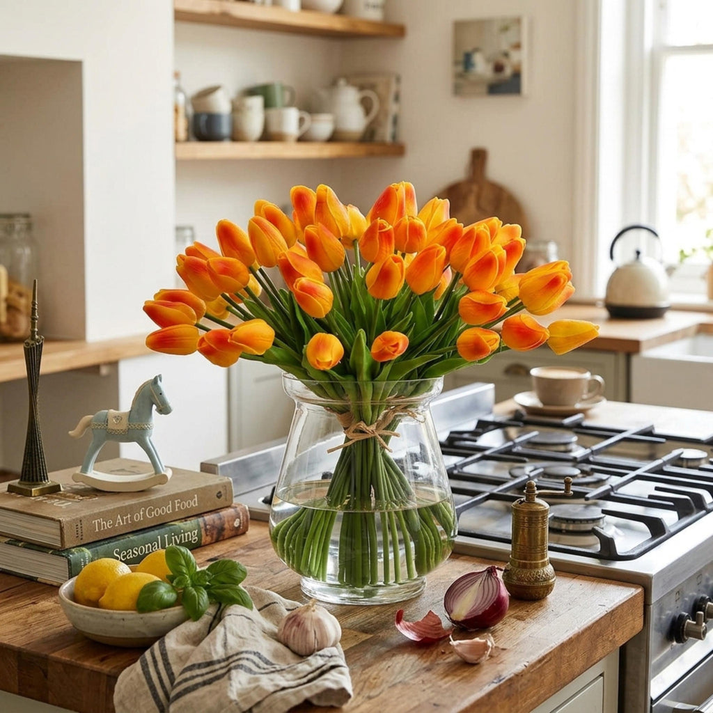 Orange Real Touch Tulip Bouquet, Set of 10 Stems, Artificial Spring Wedding Flowers, Faux Table Centerpiece Decor, Tulip Arrangement