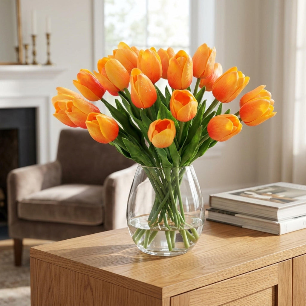 Orange Real Touch Tulip Bouquet, Set of 10 Stems, Artificial Spring Wedding Flowers, Faux Table Centerpiece Decor, Tulip Arrangement