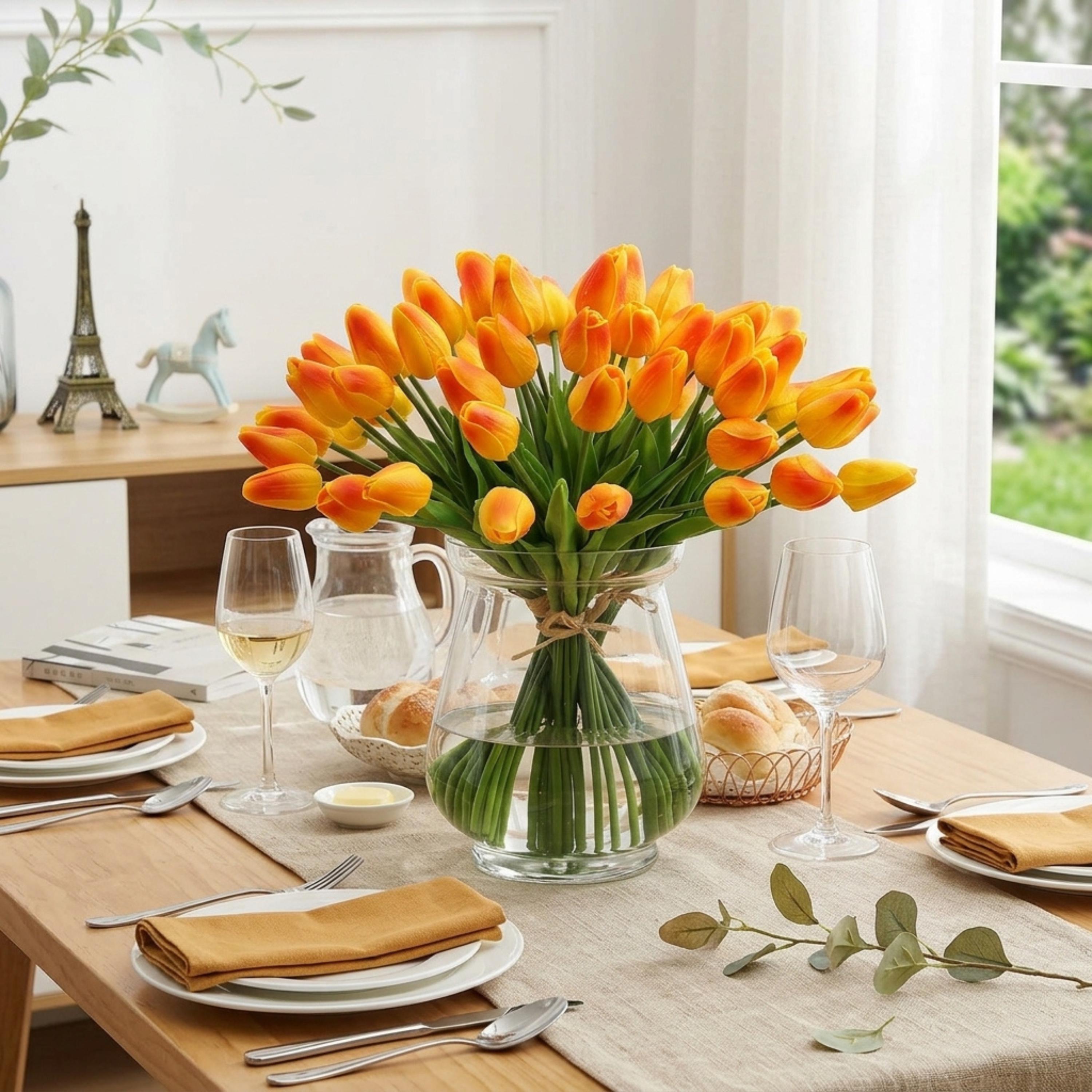 Orange Real Touch Tulip Bouquet, Set of 10 Stems, Artificial Spring Wedding Flowers, Faux Table Centerpiece Decor, Tulip Arrangement