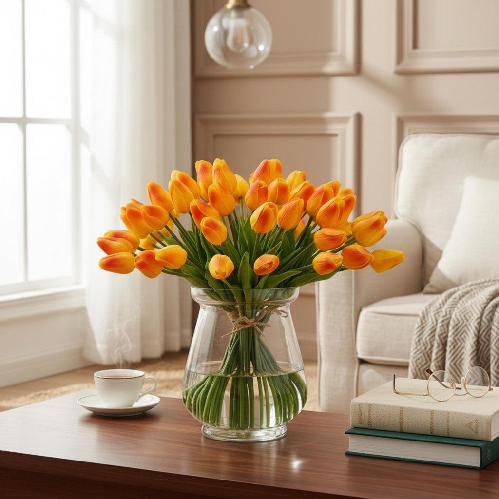 Orange Real Touch Tulip Bouquet, Set of 10 Stems, Artificial Spring Wedding Flowers, Faux Table Centerpiece Decor, Tulip Arrangement