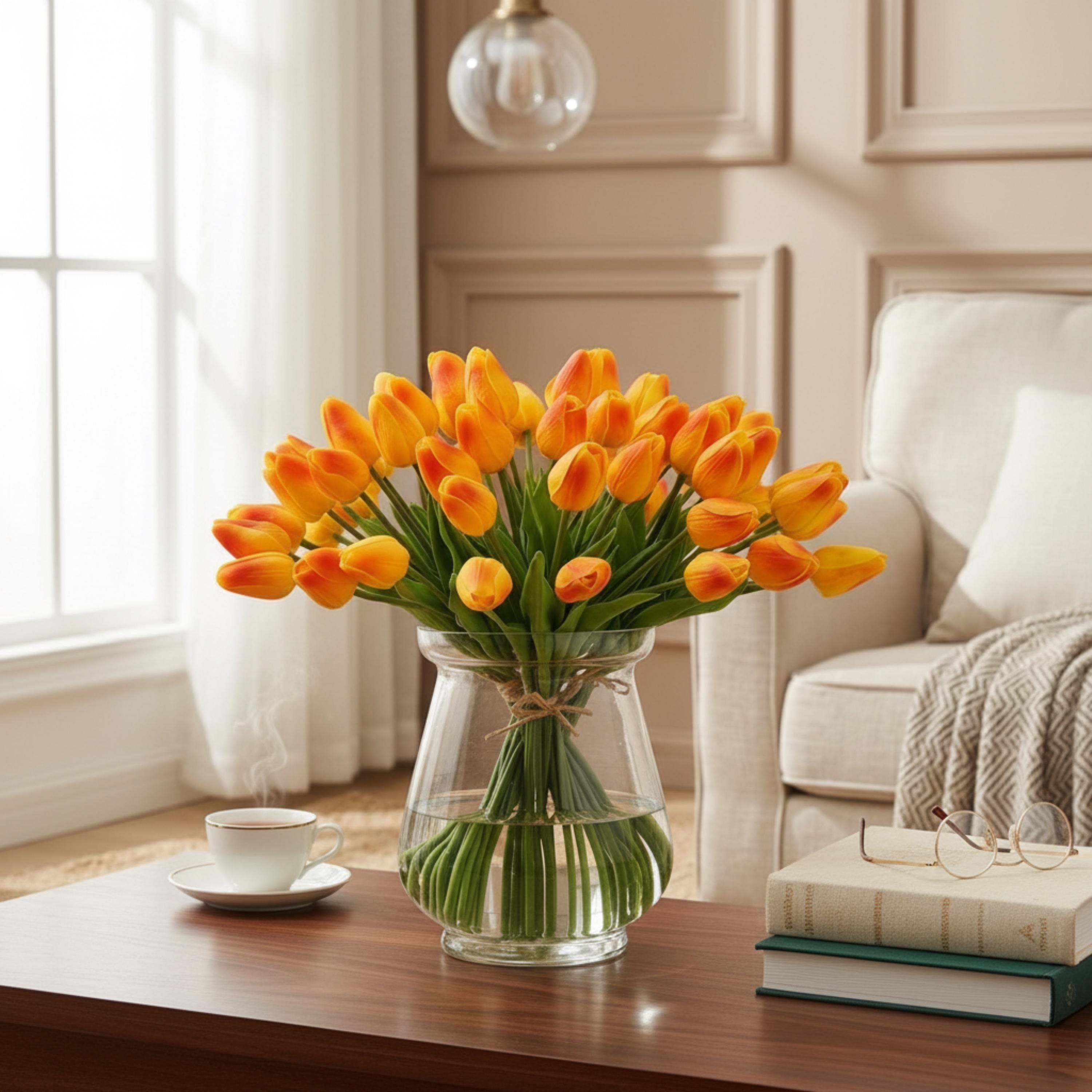Orange Real Touch Tulip Bouquet, Set of 10 Stems, Artificial Spring Wedding Flowers, Faux Table Centerpiece Decor, Tulip Arrangement