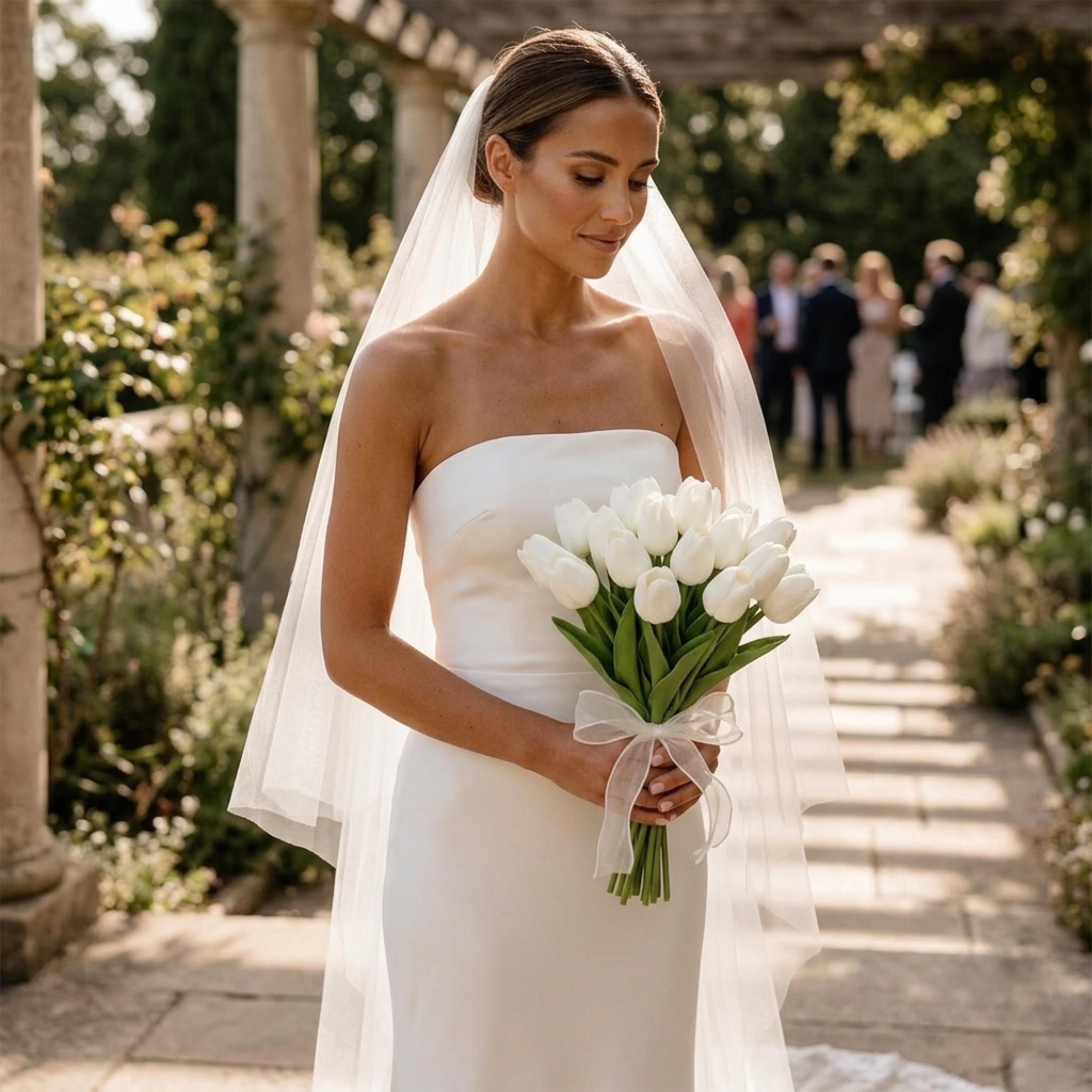 Bride holding white tulip bridal bouquet with real touch faux flowers and ribbon