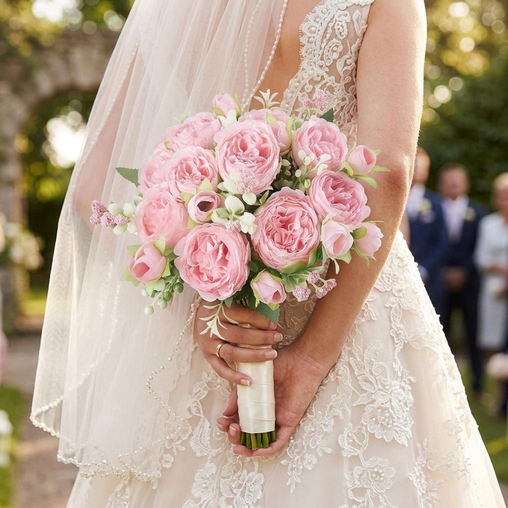 Pink Peony Bouquet, Artificial Silk Flowers 