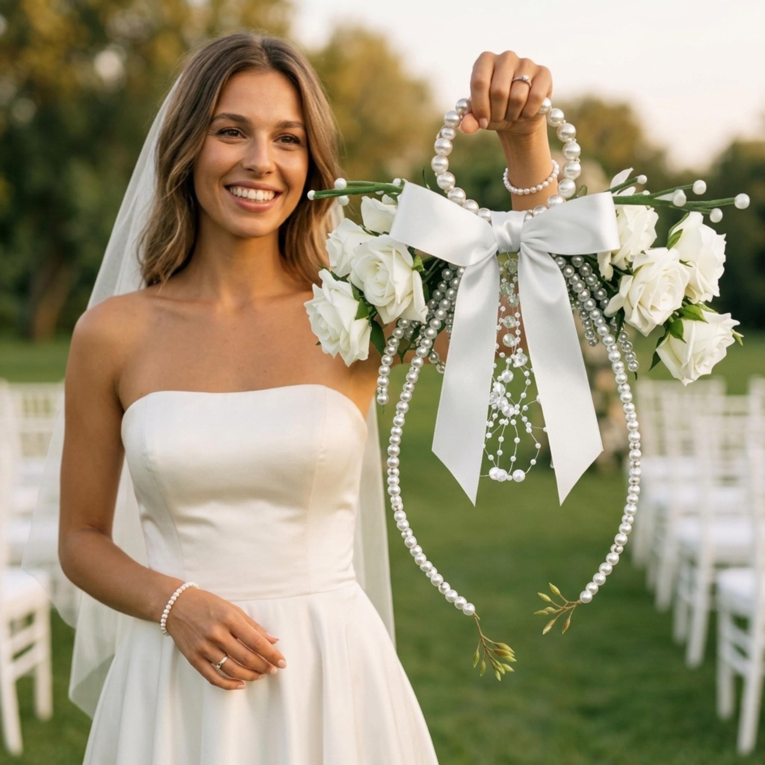Pearl Handle Bridal Bouquet, White Rose Wedding Bouquet, Satin Bow Bride Flowers, Elegant Pearl Hoop Bouquet
