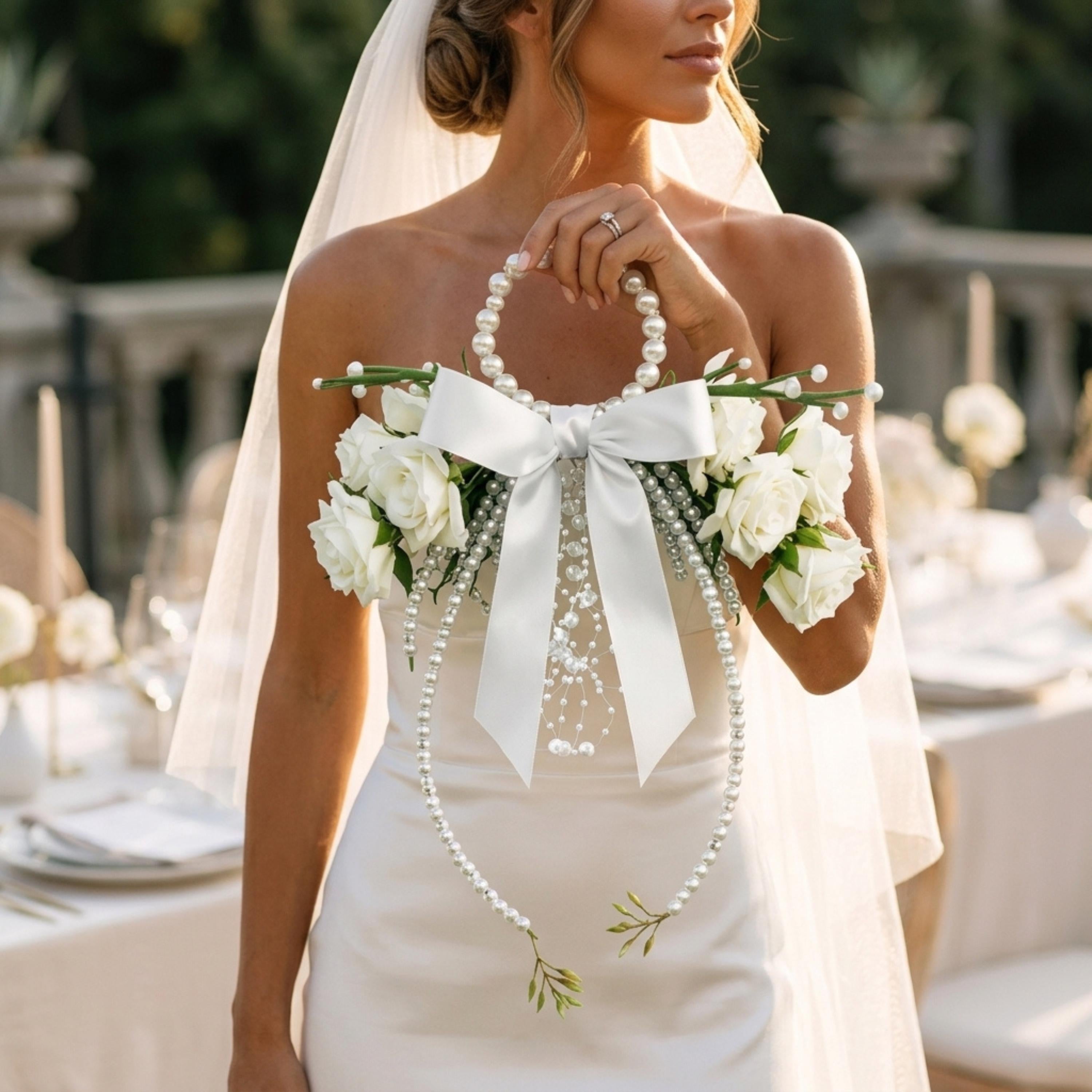 Pearl Handle Bridal Bouquet, White Rose Wedding Bouquet, Satin Bow Bride Flowers, Elegant Pearl Hoop Bouquet