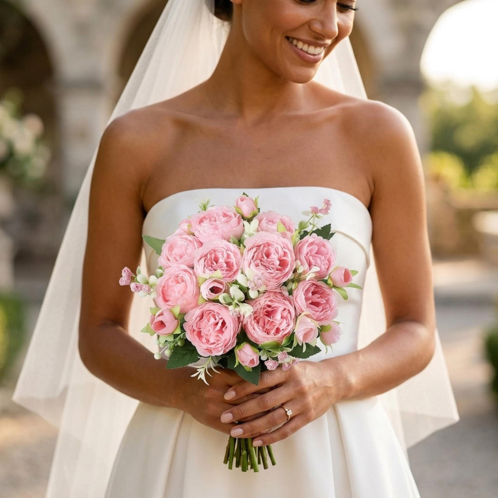 Pink Peony Bouquet, Artificial Silk Flowers 
