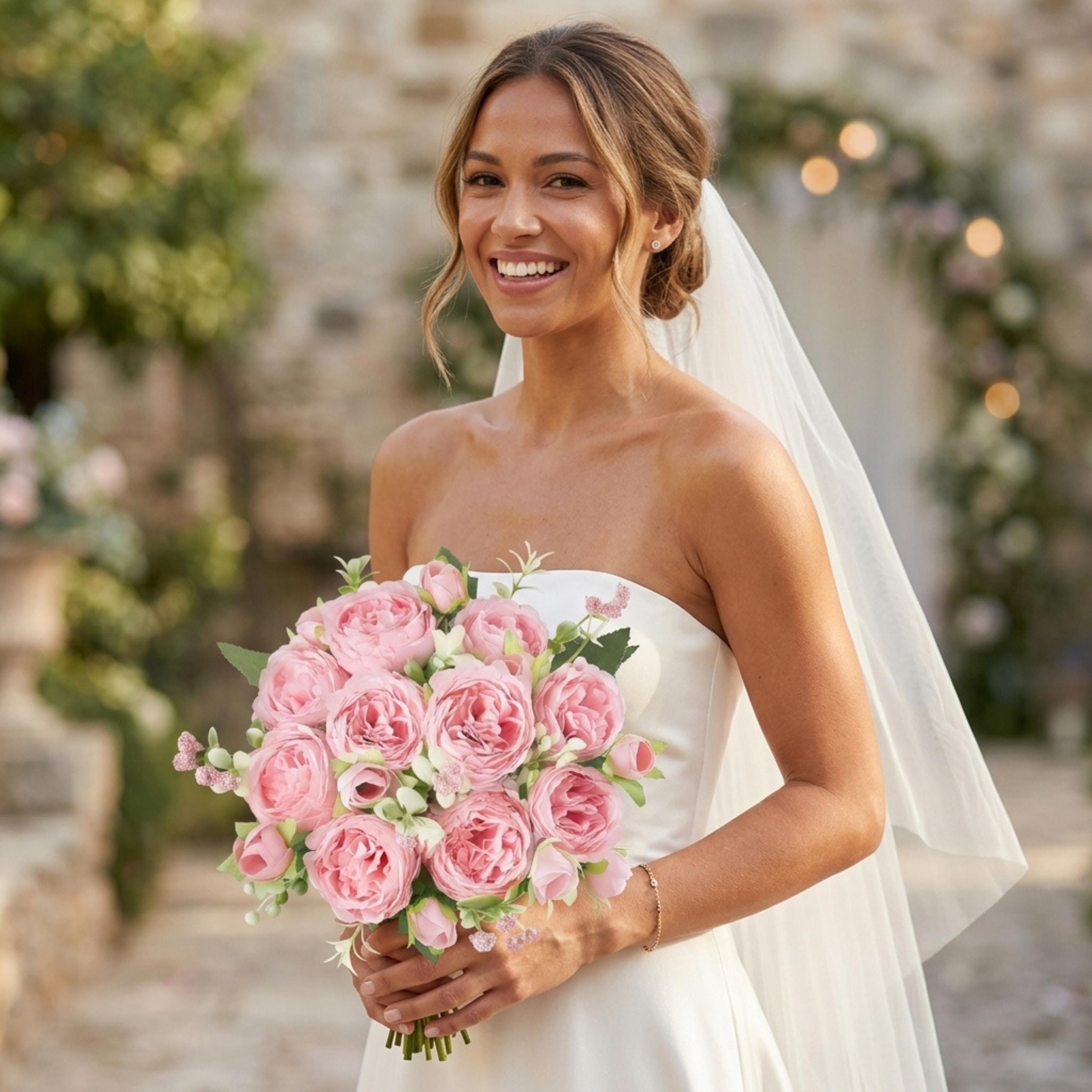 Pink Peony Bouquet, Artificial Silk Flowers 