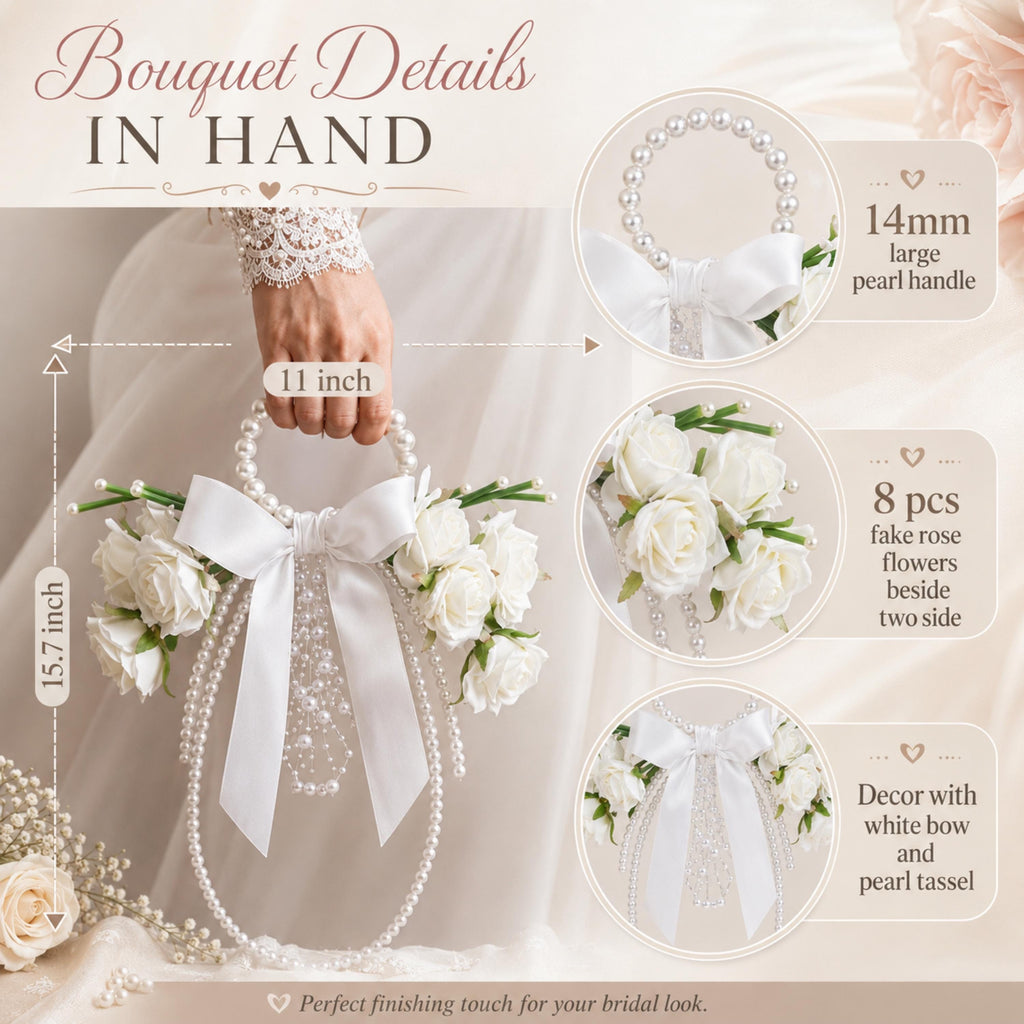 Pearl Handle Bridal Bouquet, White Rose Wedding Bouquet, Satin Bow Bride Flowers, Elegant Pearl Hoop Bouquet
