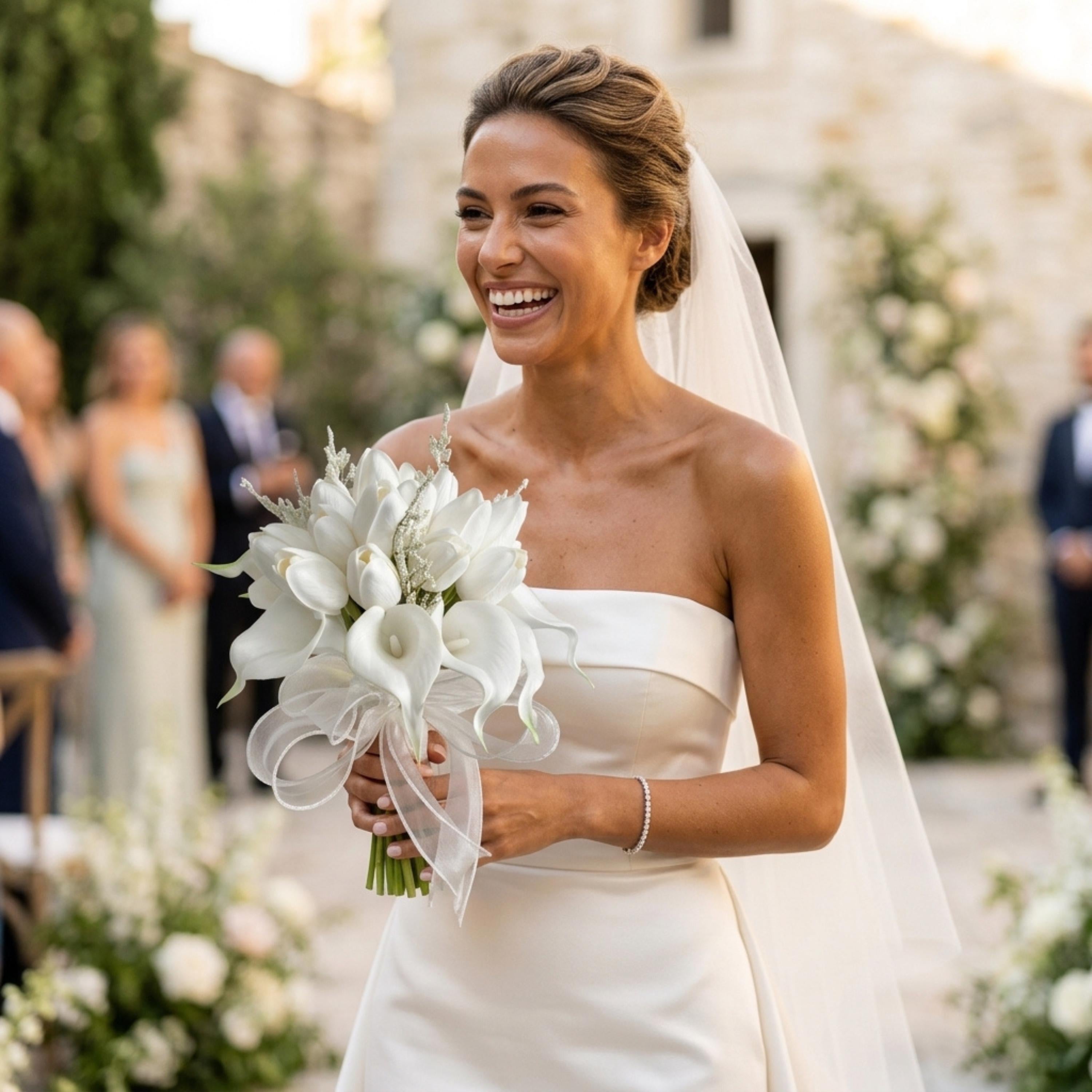 White faux calla lily bridal bouquet for romantic garden wedding ceremony