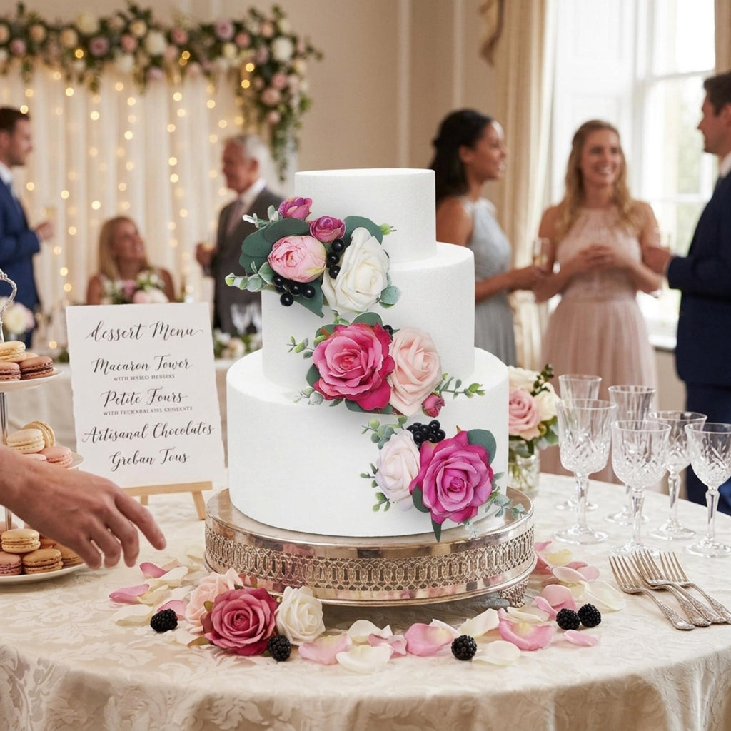 Close up of berry pink and blush faux flowers on wedding cake